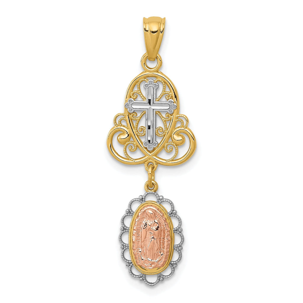 14K Two-Tone Gold Guadalupe Cross Pendant with White Rhodium Finish Elegant Spiritual Symbol