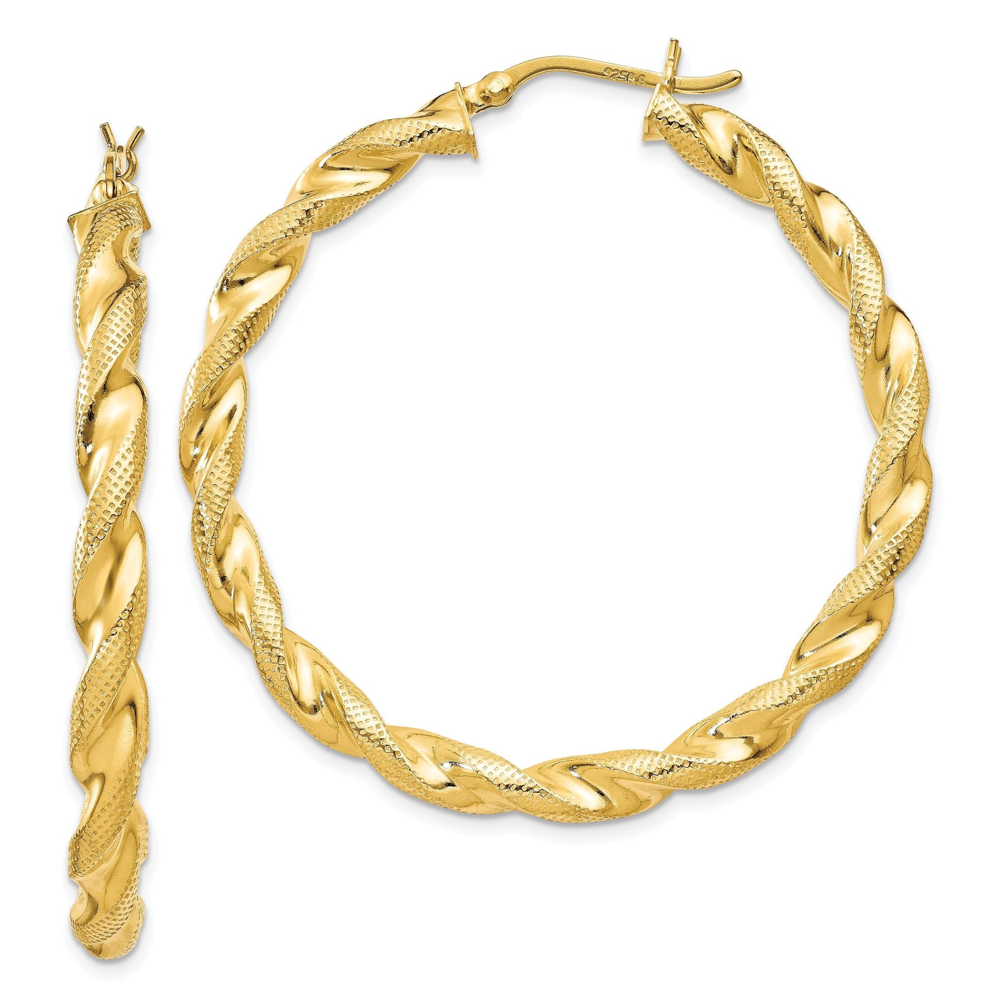 Sterling Silver Gold Flash Plated Patterned Twisted 4x45mm Hoop Earrings