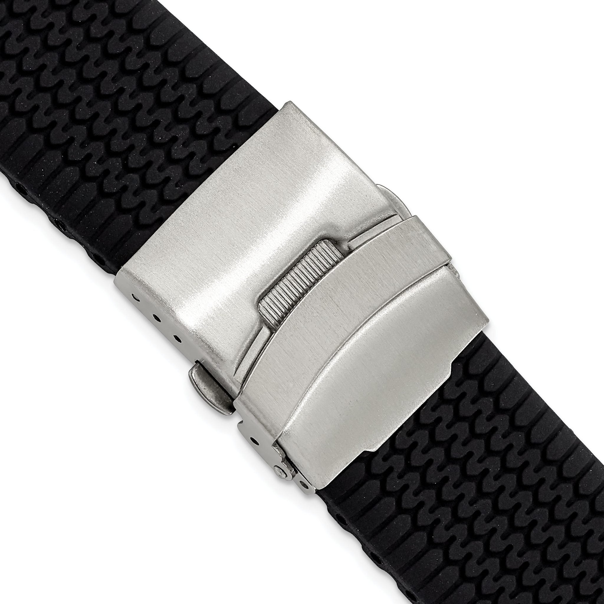 Black Tread Silicone Watch Band with Stainless Steel Buckle, 22mm