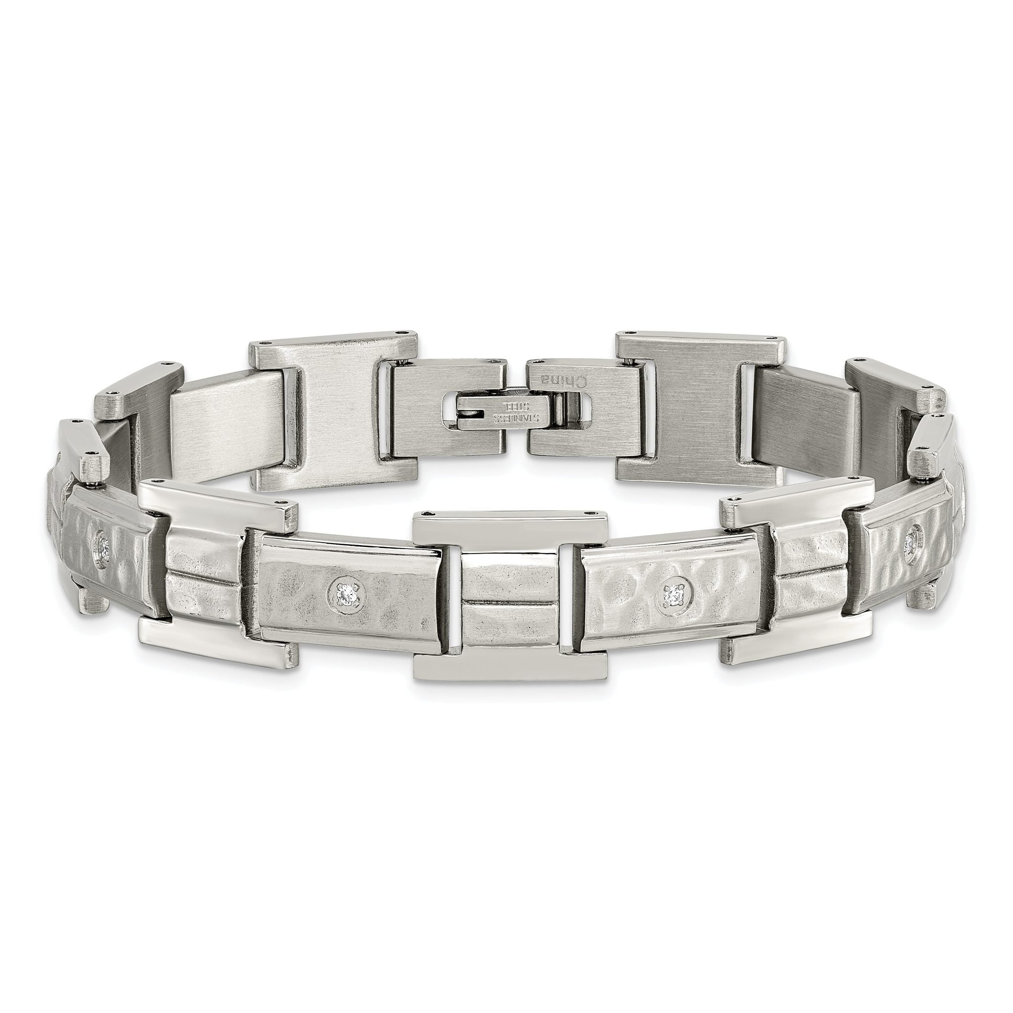 Stainless Steel Brushed Polished and Hammered with Cubic Zirconia Bracelet for Men