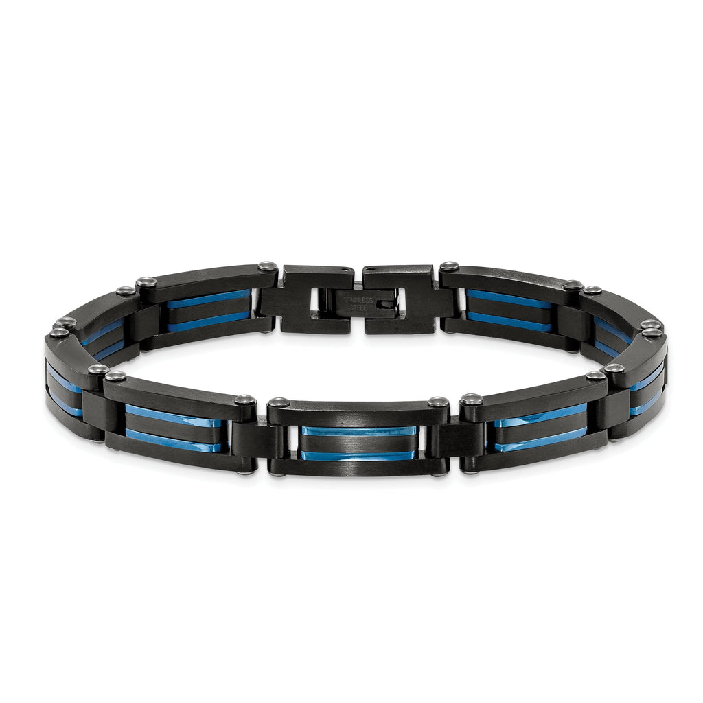 Stainless Steel Brushed and Polished Black and Blue IP-plated Link Bracelet for Men