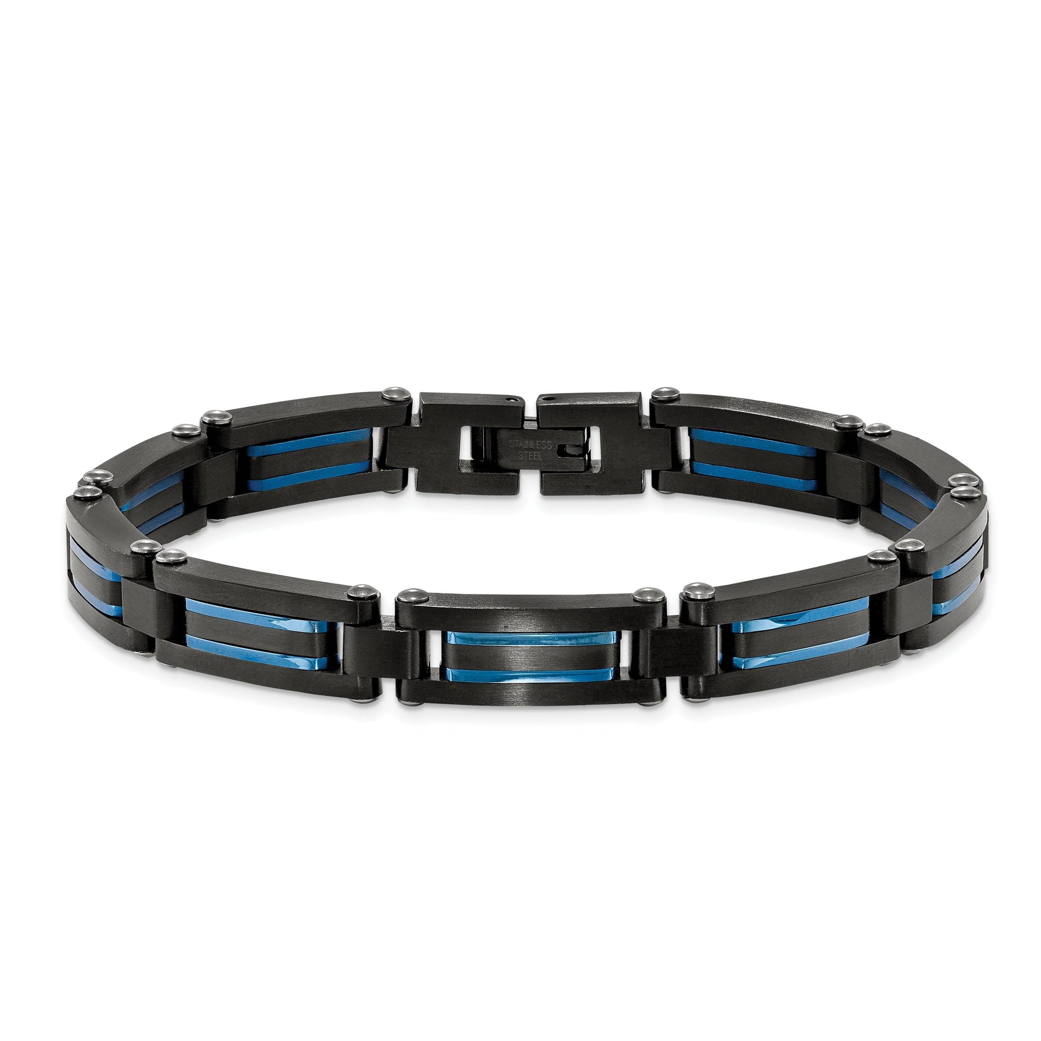 Stainless Steel Brushed and Polished Black and Blue IP-plated Link Bracelet for Men