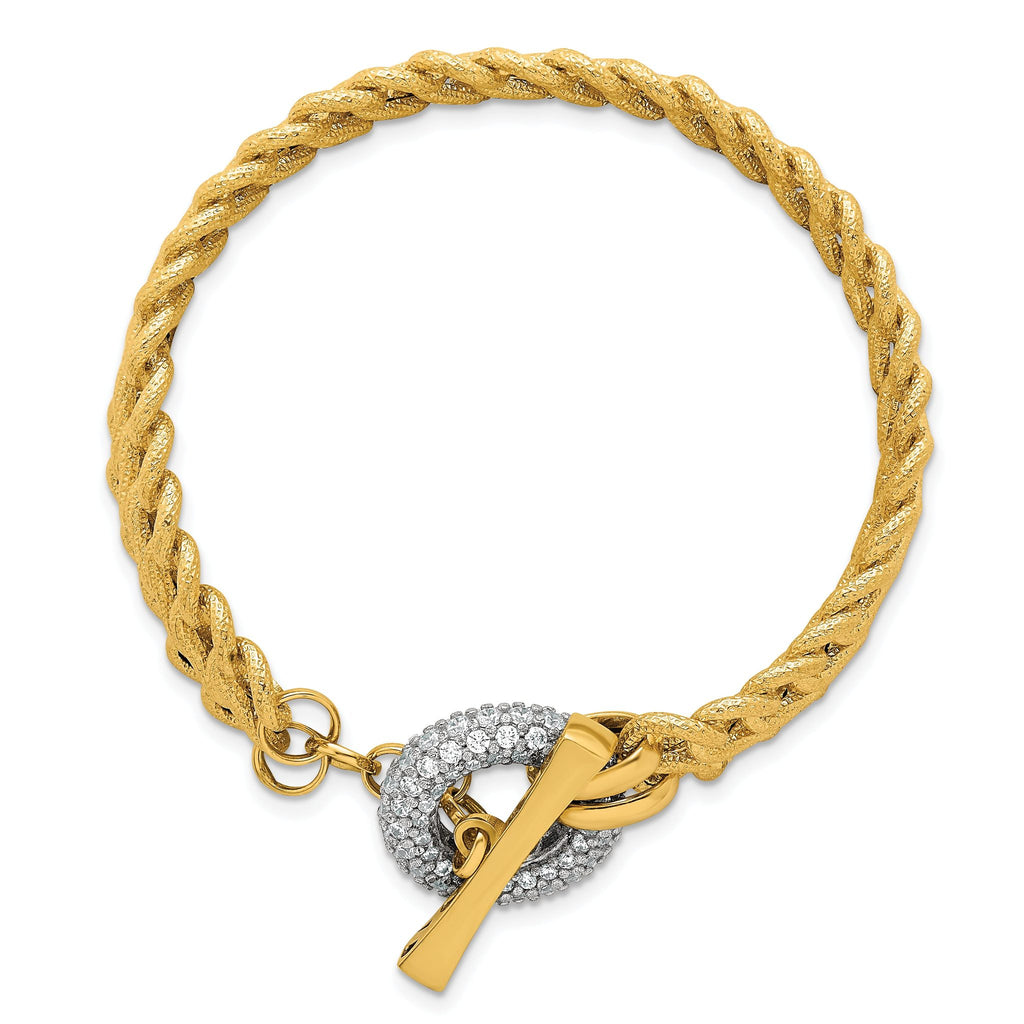14k with White Rhodium 12.25mm Textured Fancy Chain with CZ Toggle 7.5 inch Bracelet