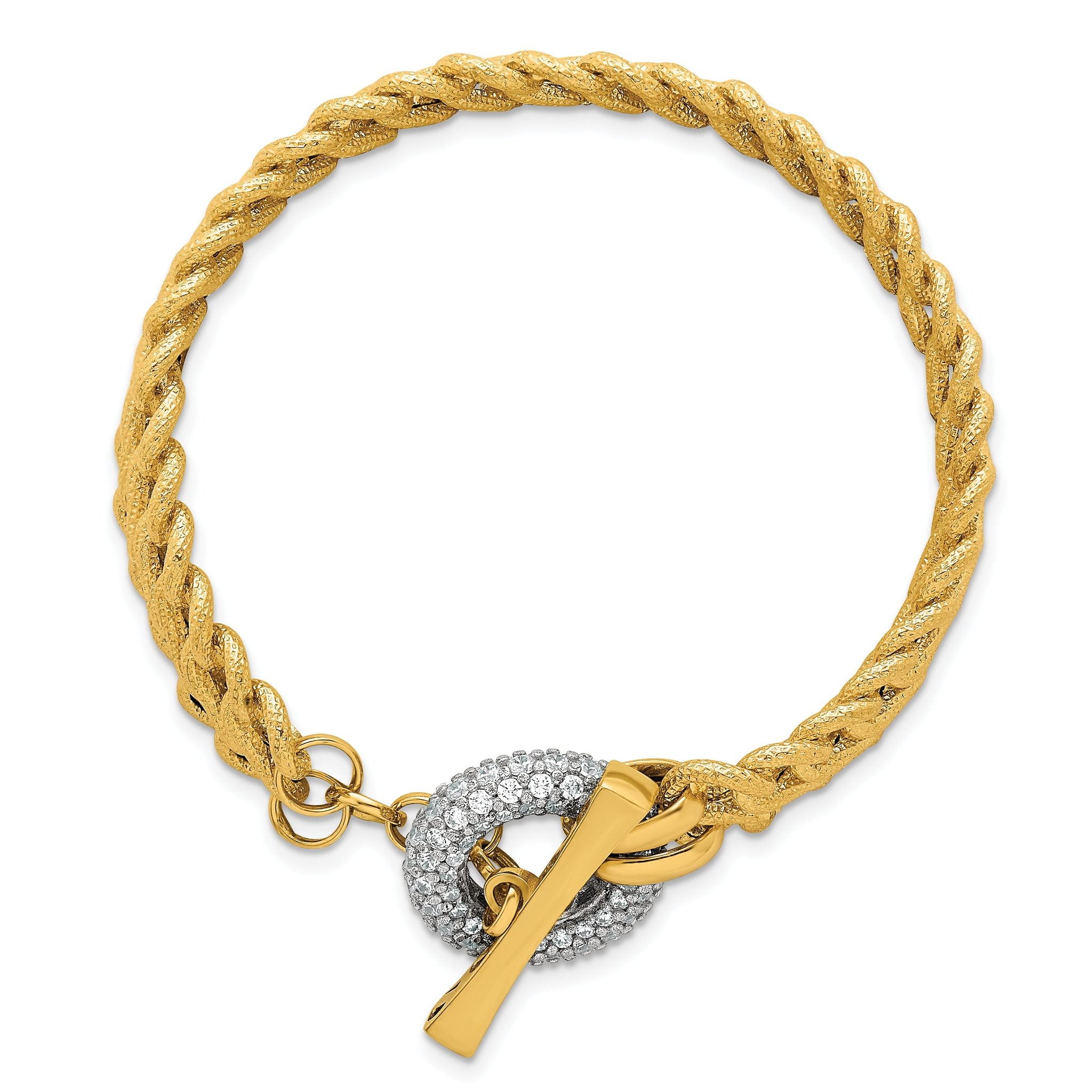 14k with White Rhodium 12.25mm Textured Fancy Chain with CZ Toggle 7.5 inch Bracelet
