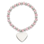 Stainless Steel Polished Heart Dangle 6mm Pink Glass Beaded Stretch Bracelet for Women
