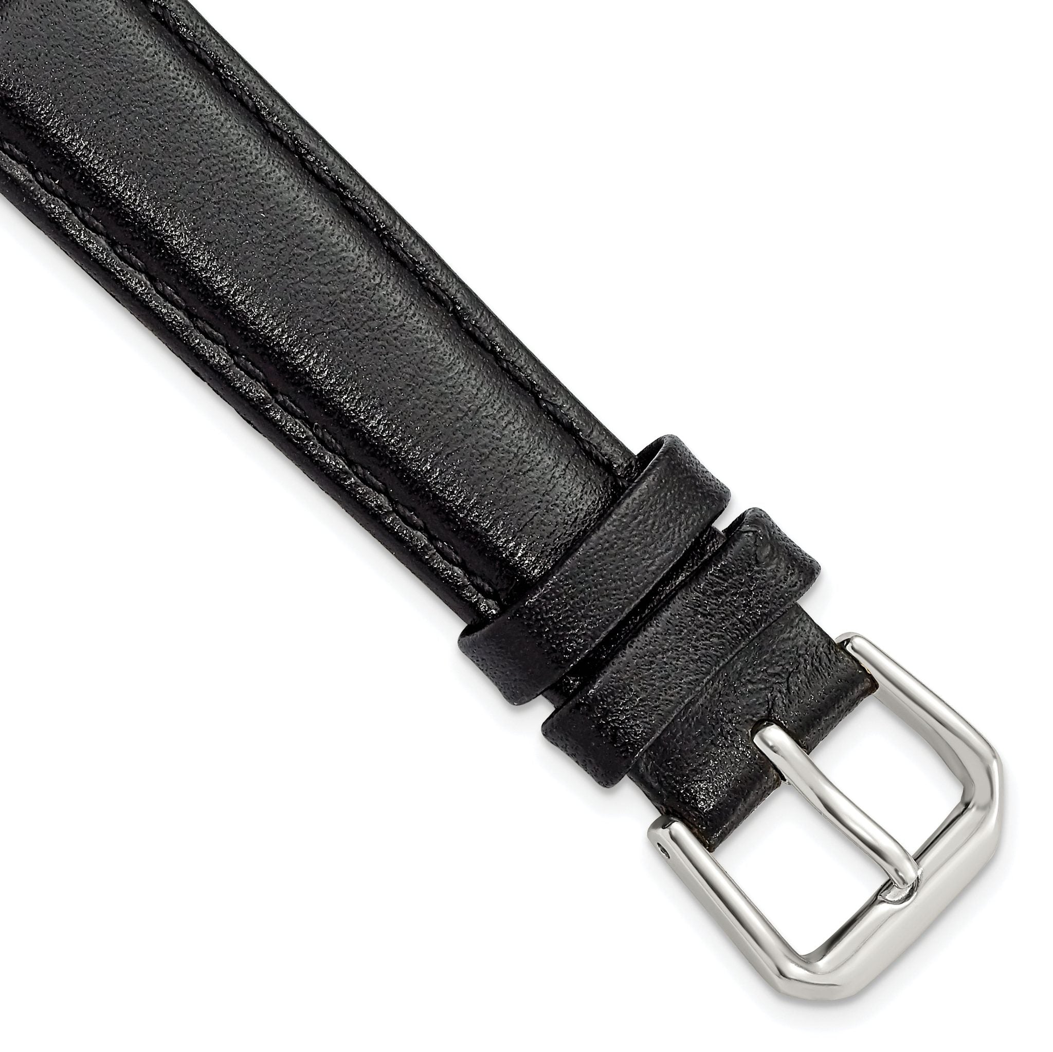 Short Black Smooth Leather Watch Band with Silver-Tone Buckle, 14mm