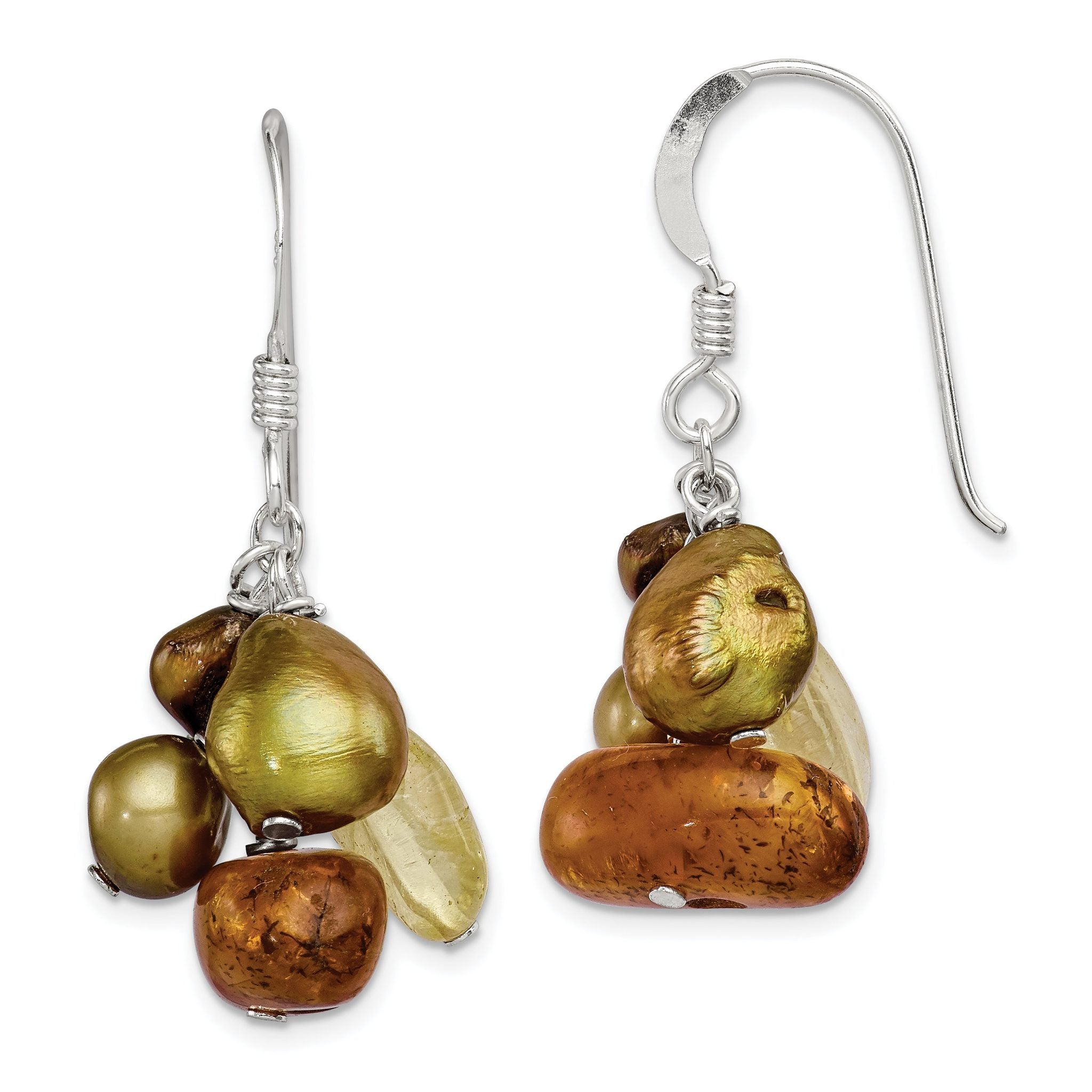 Sterling Silver Polished Amber, Citrine & FW Cultured Pearl Dangle Earrings Main image