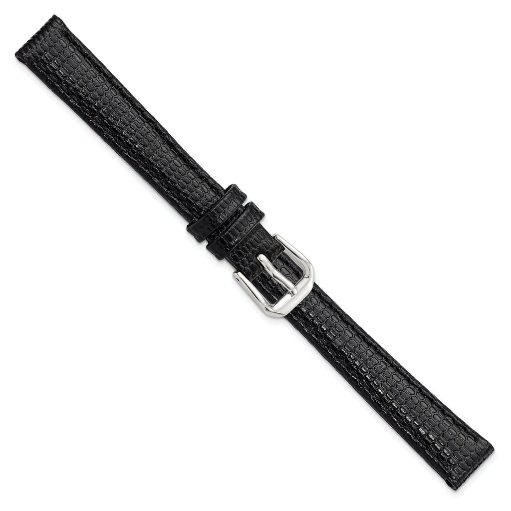 Black Lizard-Grain Leather Watch Band in Silver-Tone Buckle, 19mm