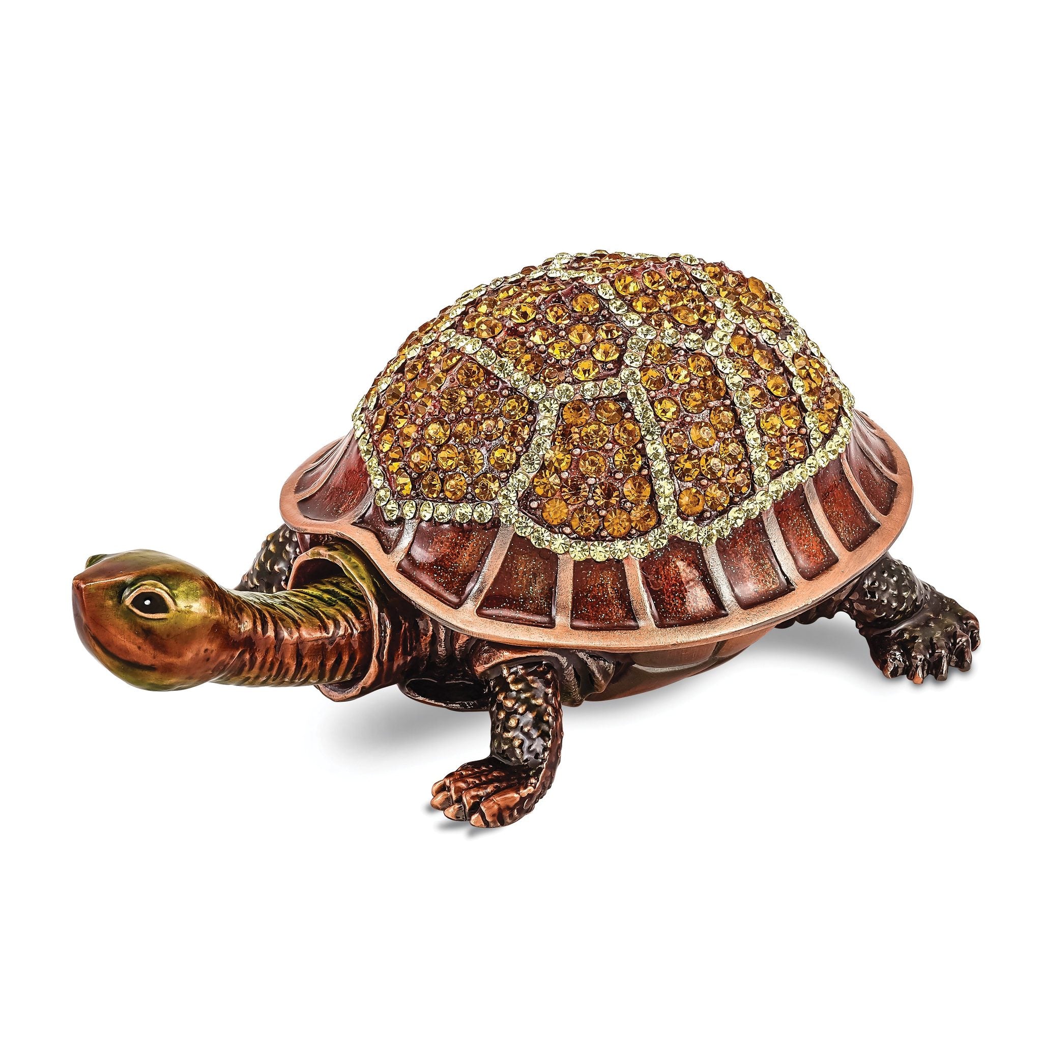 Luxury Giftware by Jere Pewter Bejeweled Crystals Rose-tone Enameled RHODA Tortoise With Moving Head Trinket Box with Matching 18 Inch Necklace