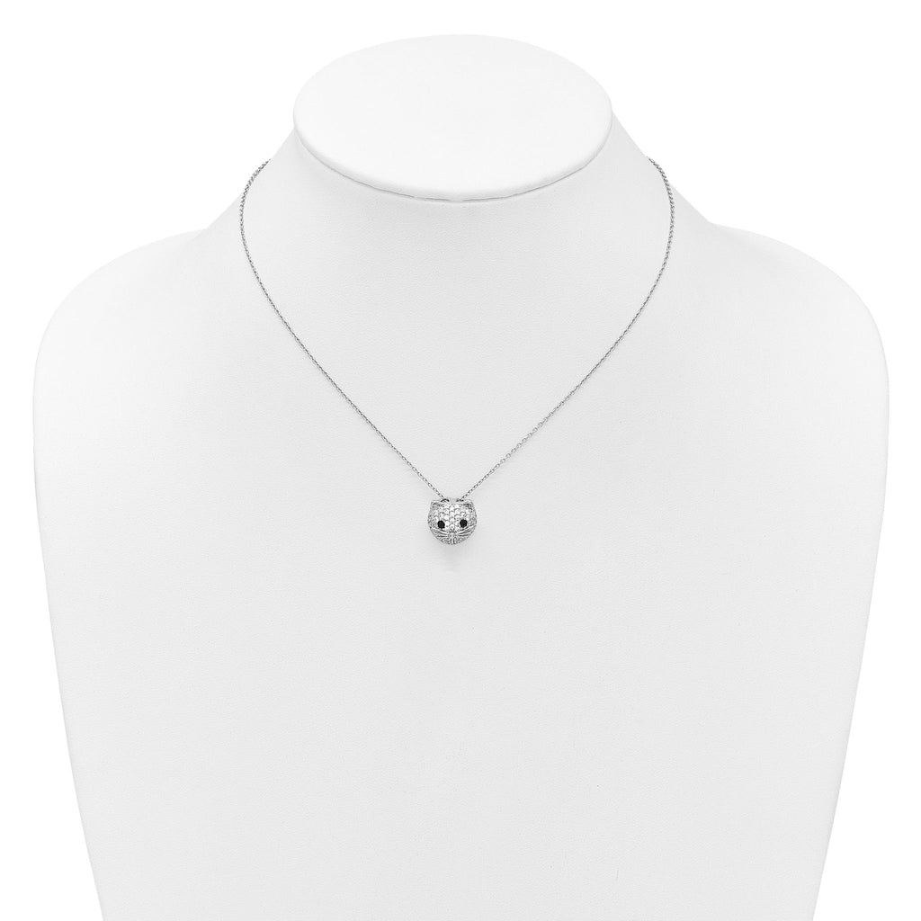 Cheryl M Sterling Silver Rhodium-plated Polished Black and White CZ Cat 16 Inch with 2 Inch Extension Necklace