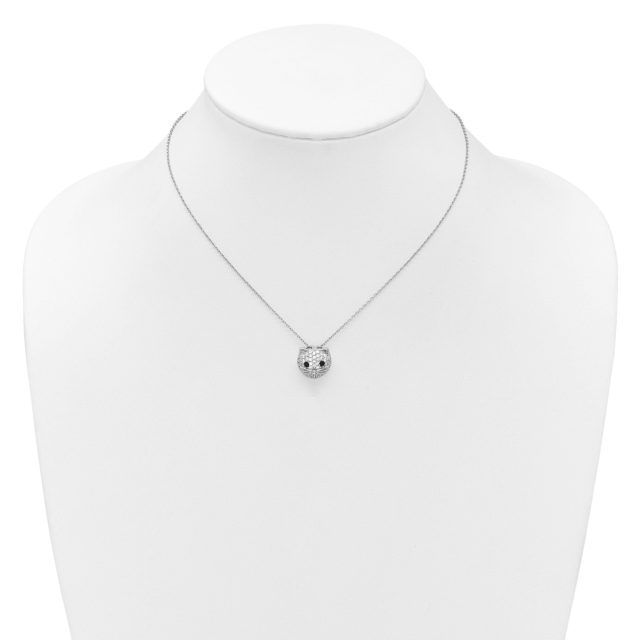 Cheryl M Sterling Silver Rhodium-plated Polished Black and White CZ Cat 16 Inch with 2 Inch Extension Necklace