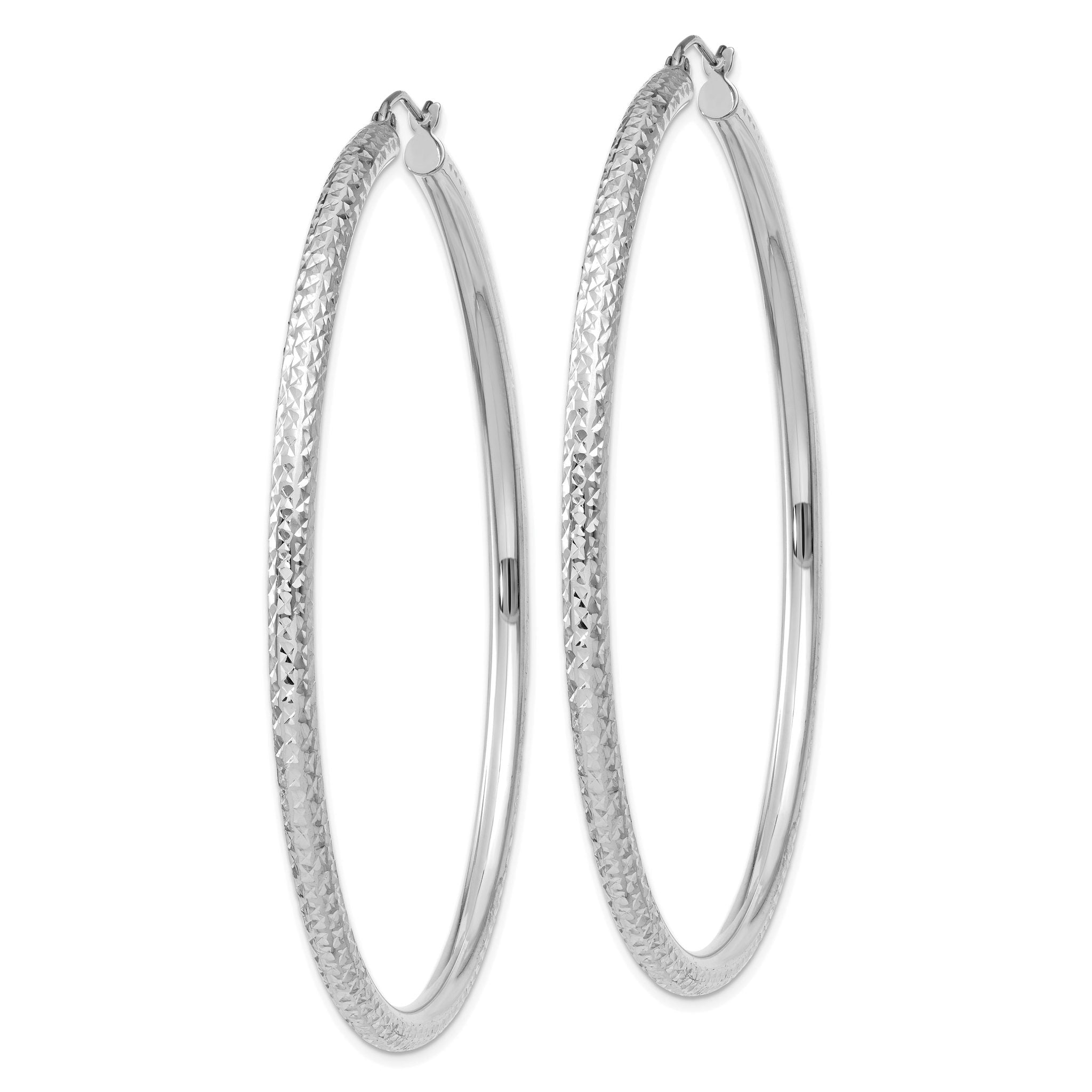 14k White Gold Diamond-cut 3mm Round Hoop Earrings Secondary image