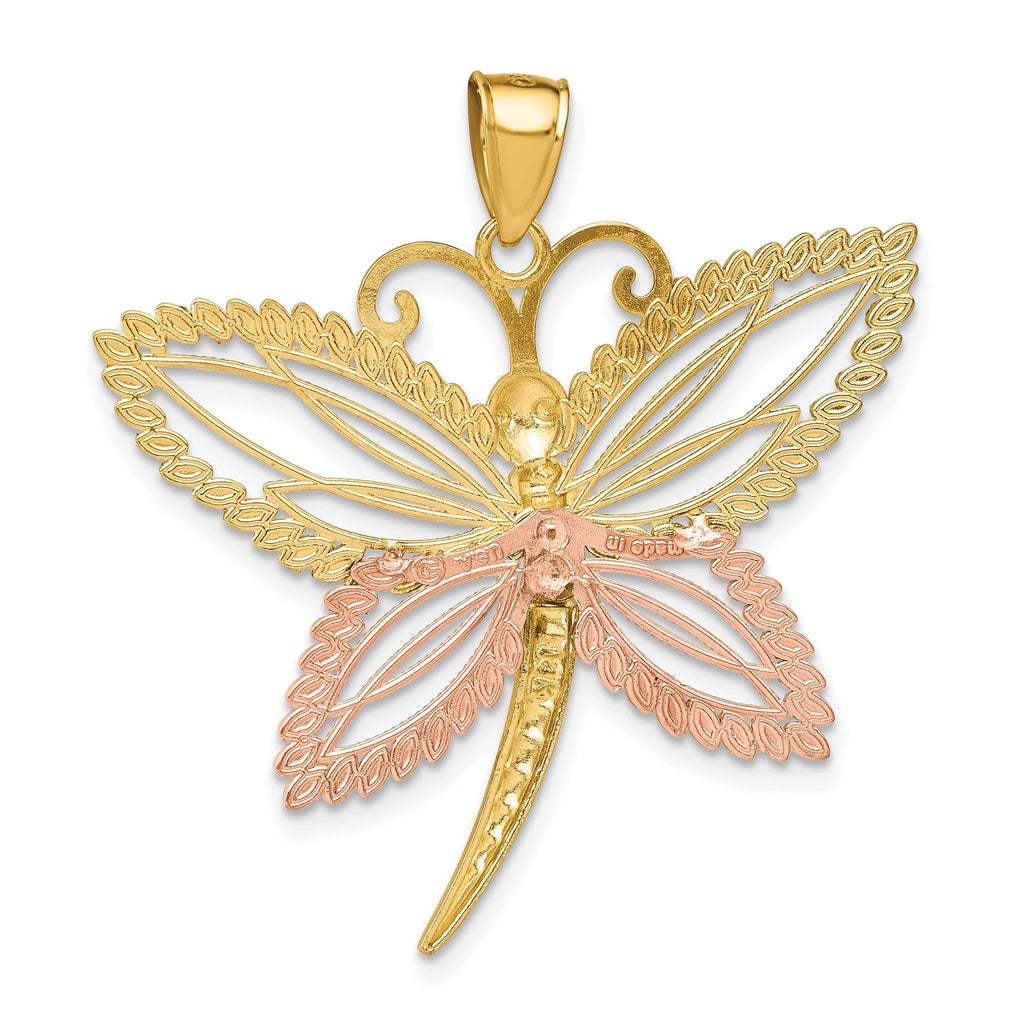 14k Two-tone with White Rhodium Dragonfly w/Beaded Diamond Cut Wings Charm