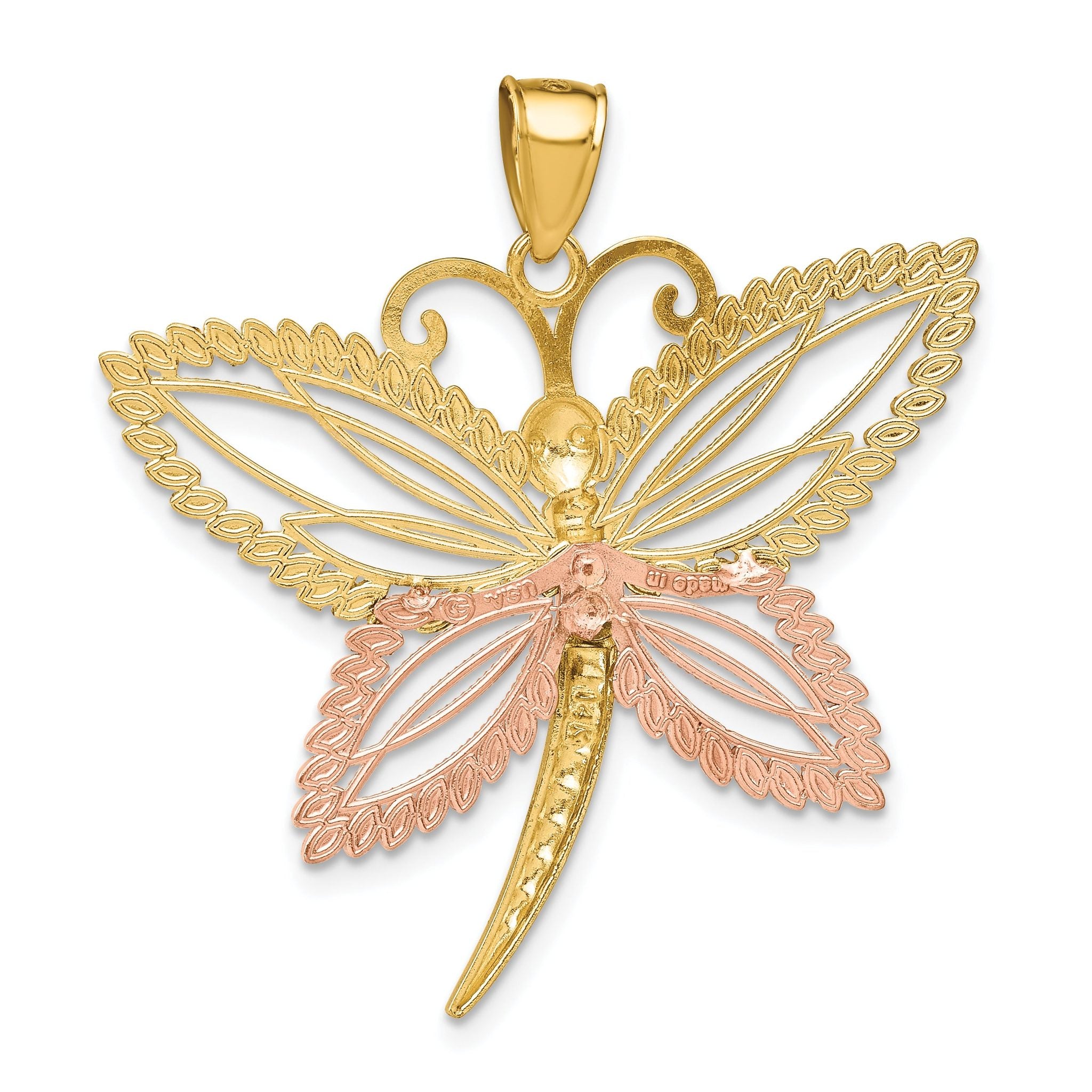14k Two-tone with White Rhodium Dragonfly w/Beaded Diamond Cut Wings Charm