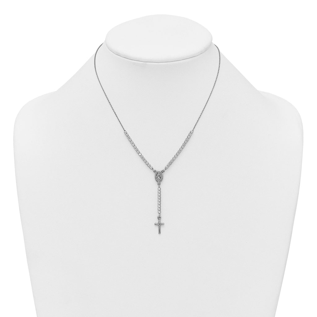 Sterling Silver Rhodium-plated Polished CZ 15.5 inch with 2 inch extender Rosary Necklace