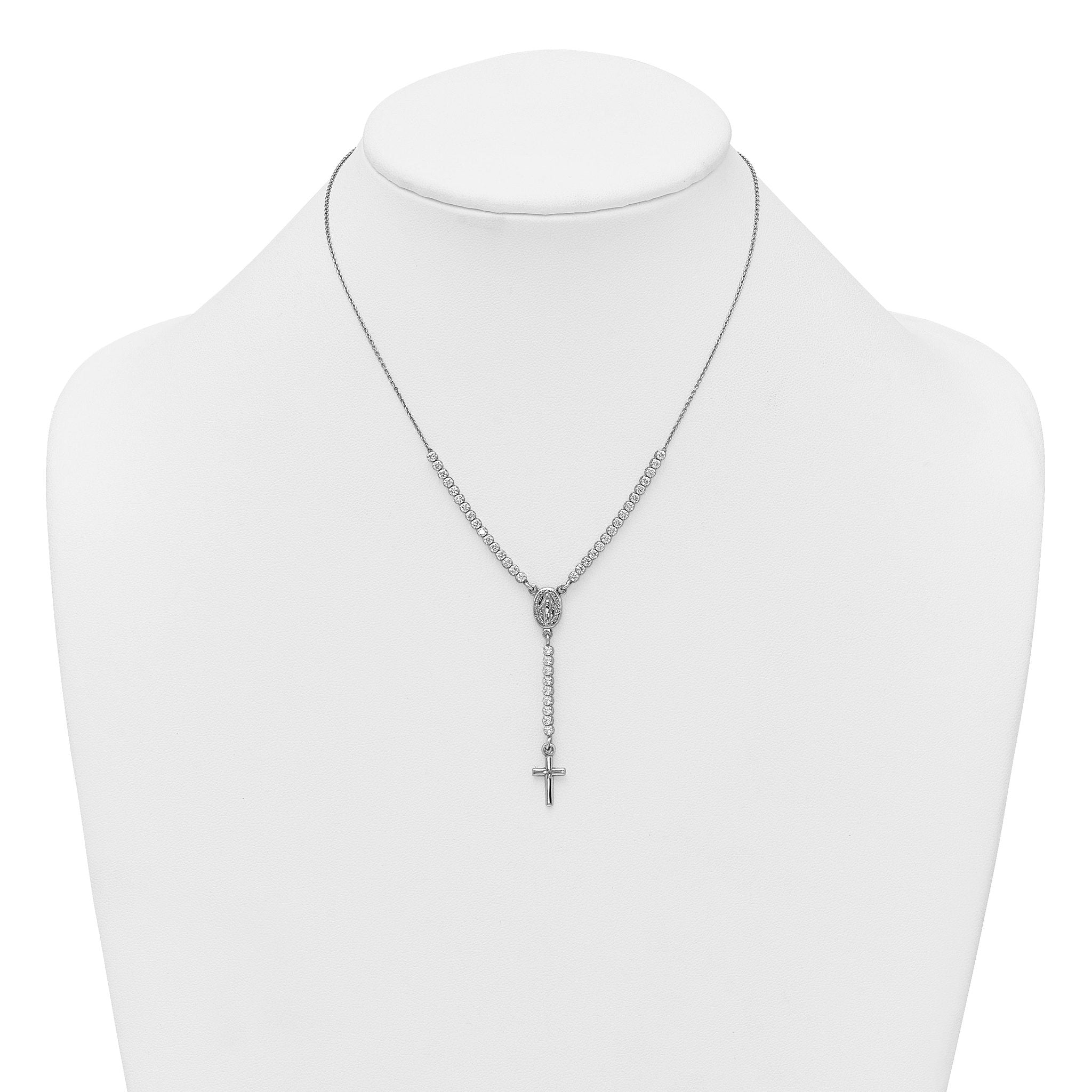 Sterling Silver Rhodium-plated Polished CZ 15.5 inch with 2 inch extender Rosary Necklace