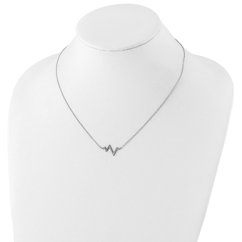 Sterling Silver Rhodium-plated CZ Heartbeat With 2in ext. Necklace