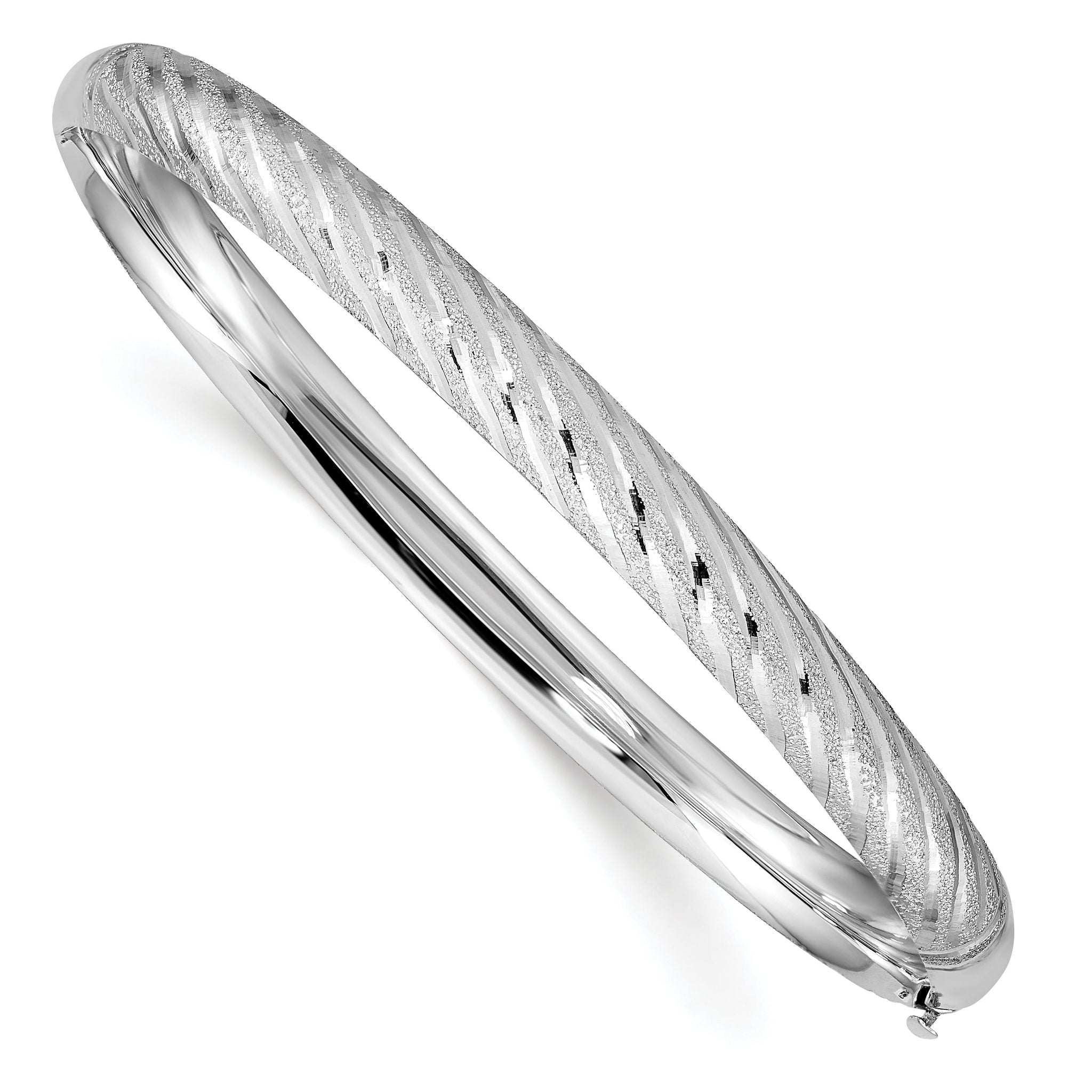 14k White Gold Textured Diamond-cut Twisted Hinged Bangle Main image
