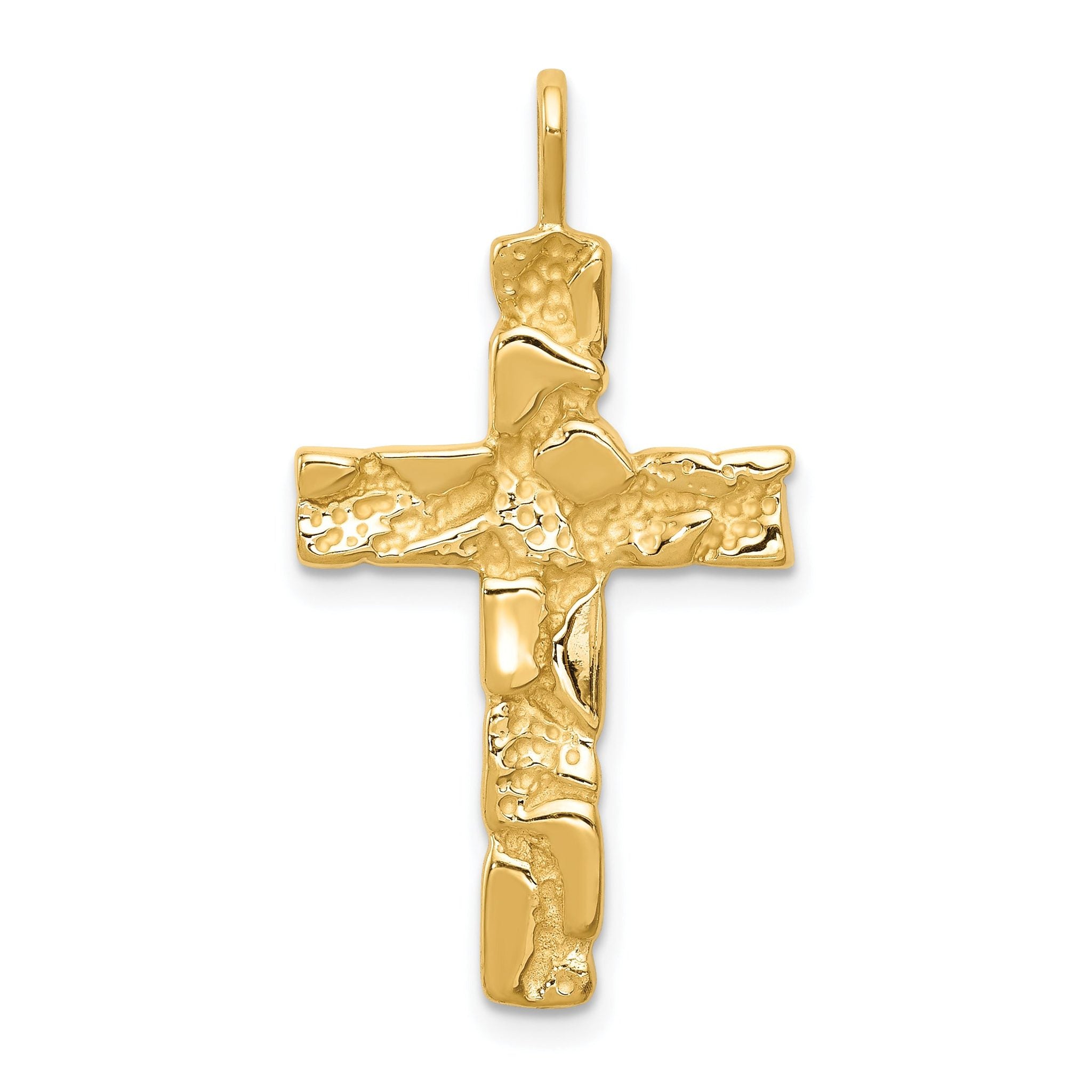 14K Gold Polished Nugget Cross Pendant with Textured Flat Back