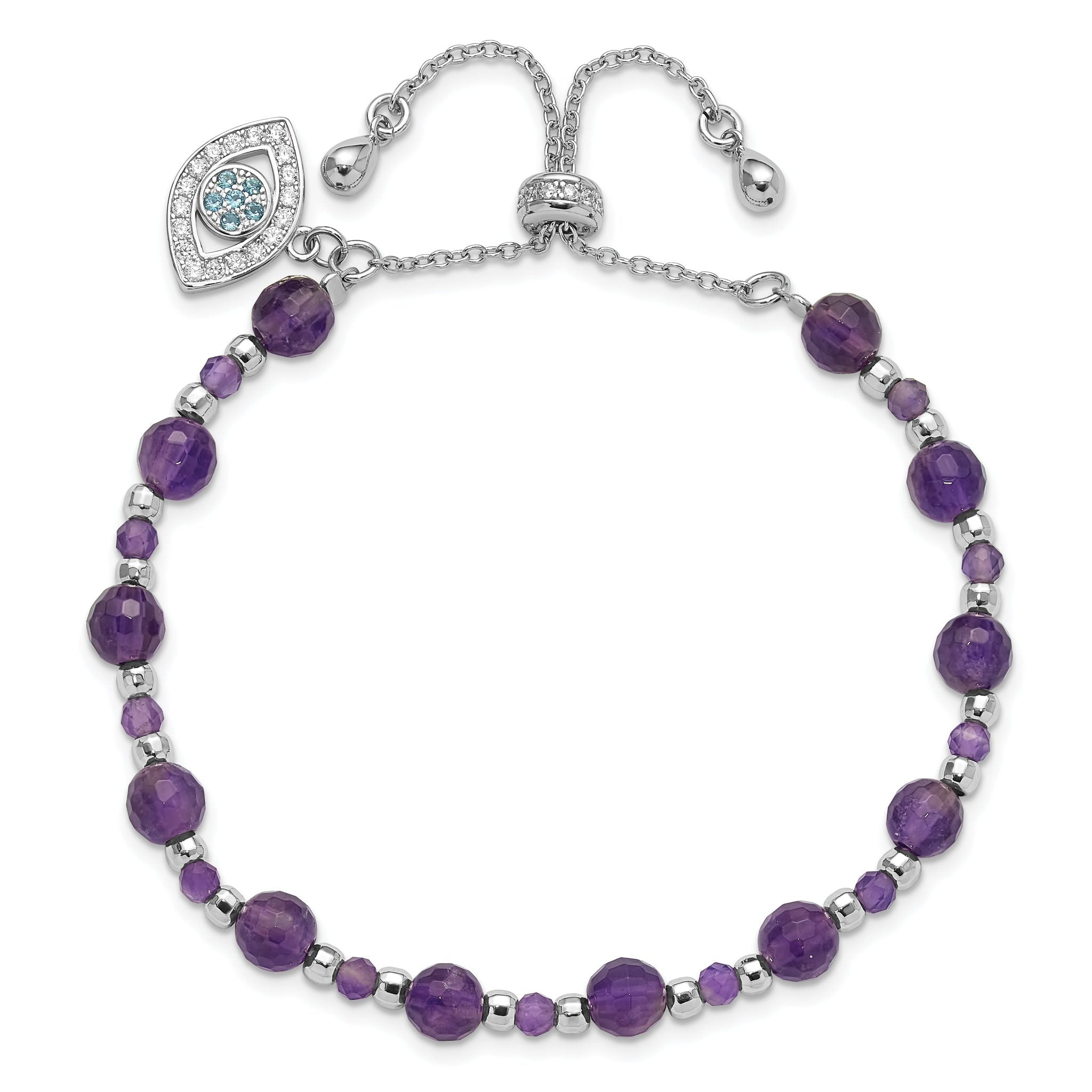 SS Rh-plated Amethyst and CZ and Blue Glass Adjustable Bracelet Secondary image