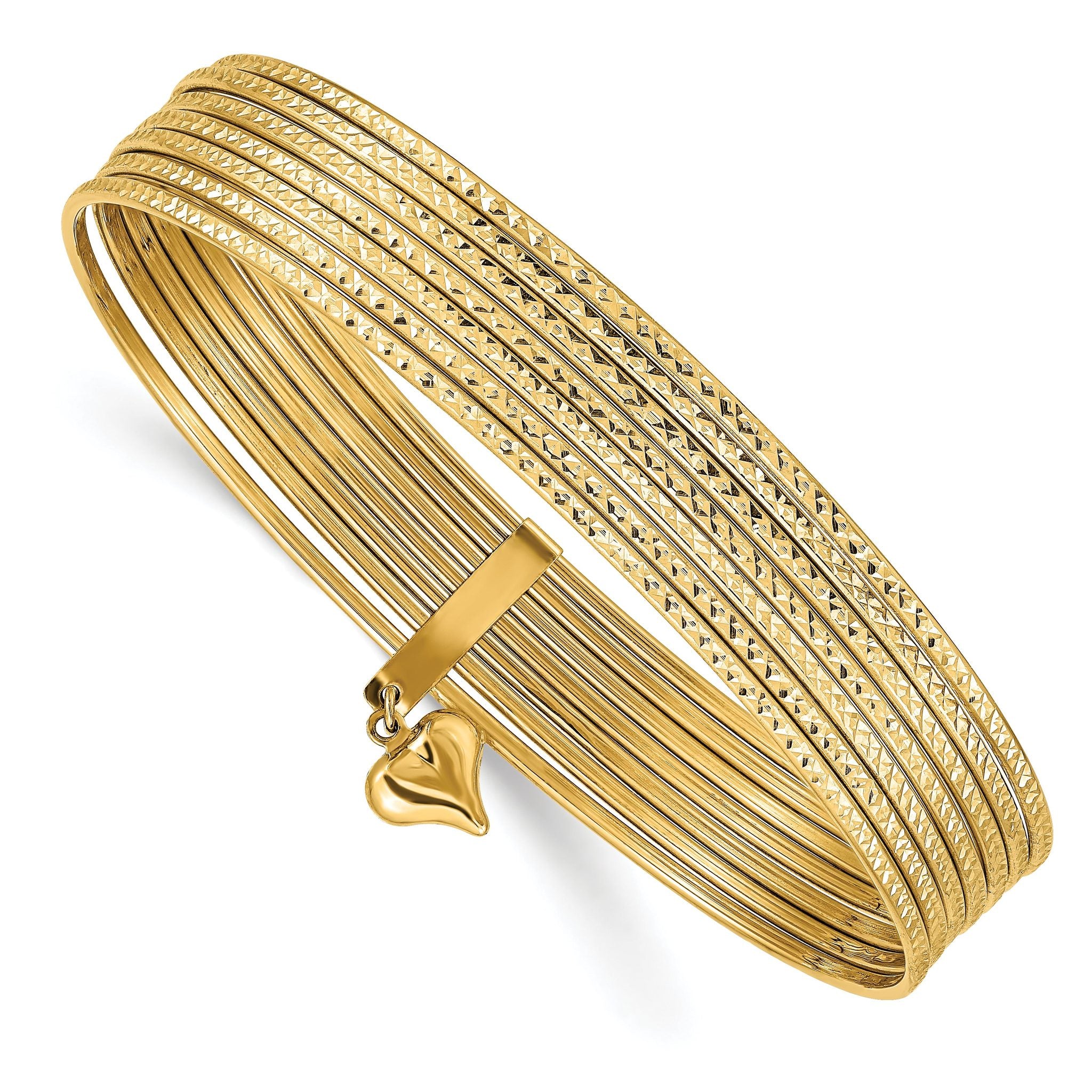 14K Polished and Textured with Dangle Heart 7-Strand 11.00mm Slip-on Round Bangle Bracelet