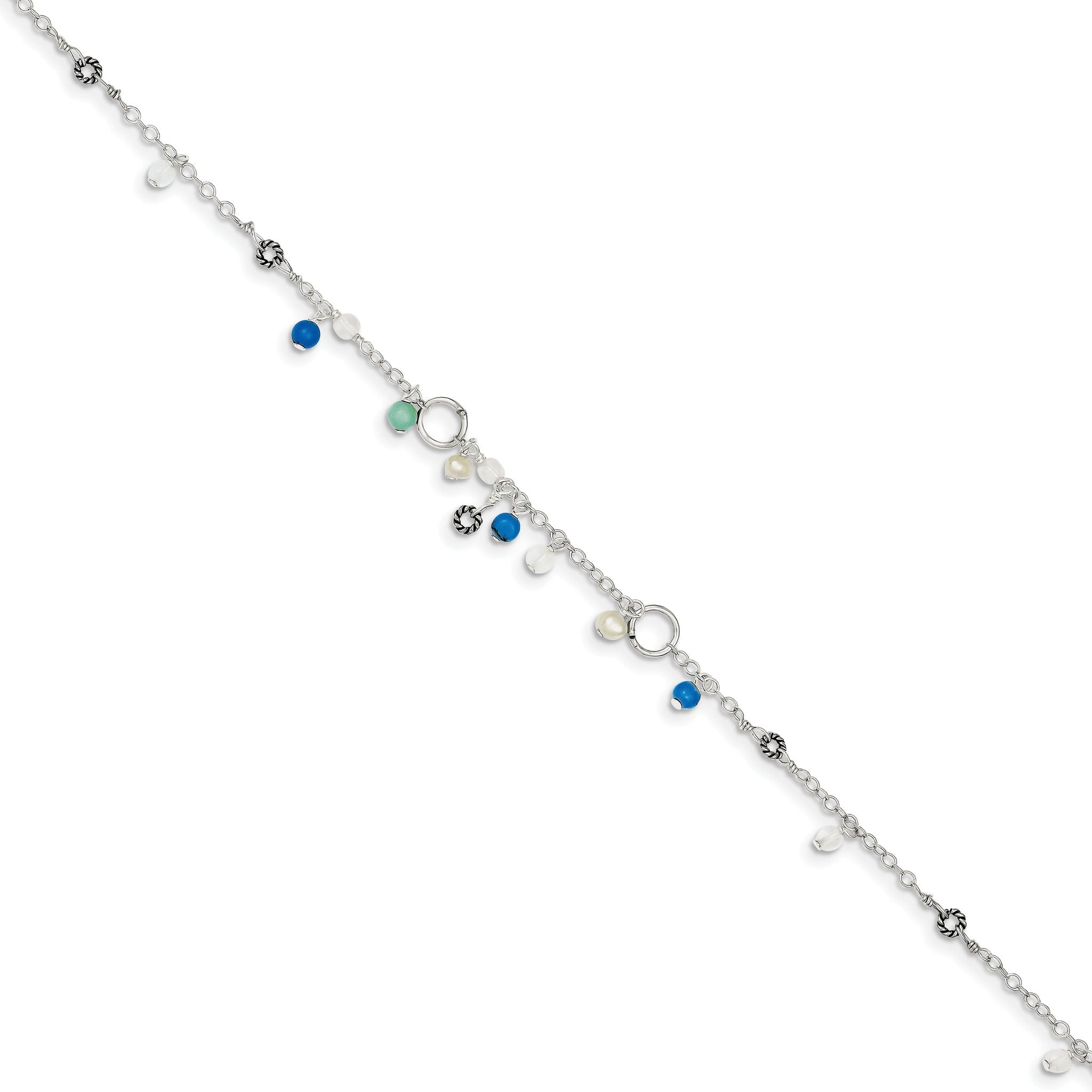 Sterling Silver Turquoise/Clear Bead/FW Cultured Pearl Anklet Secondary image