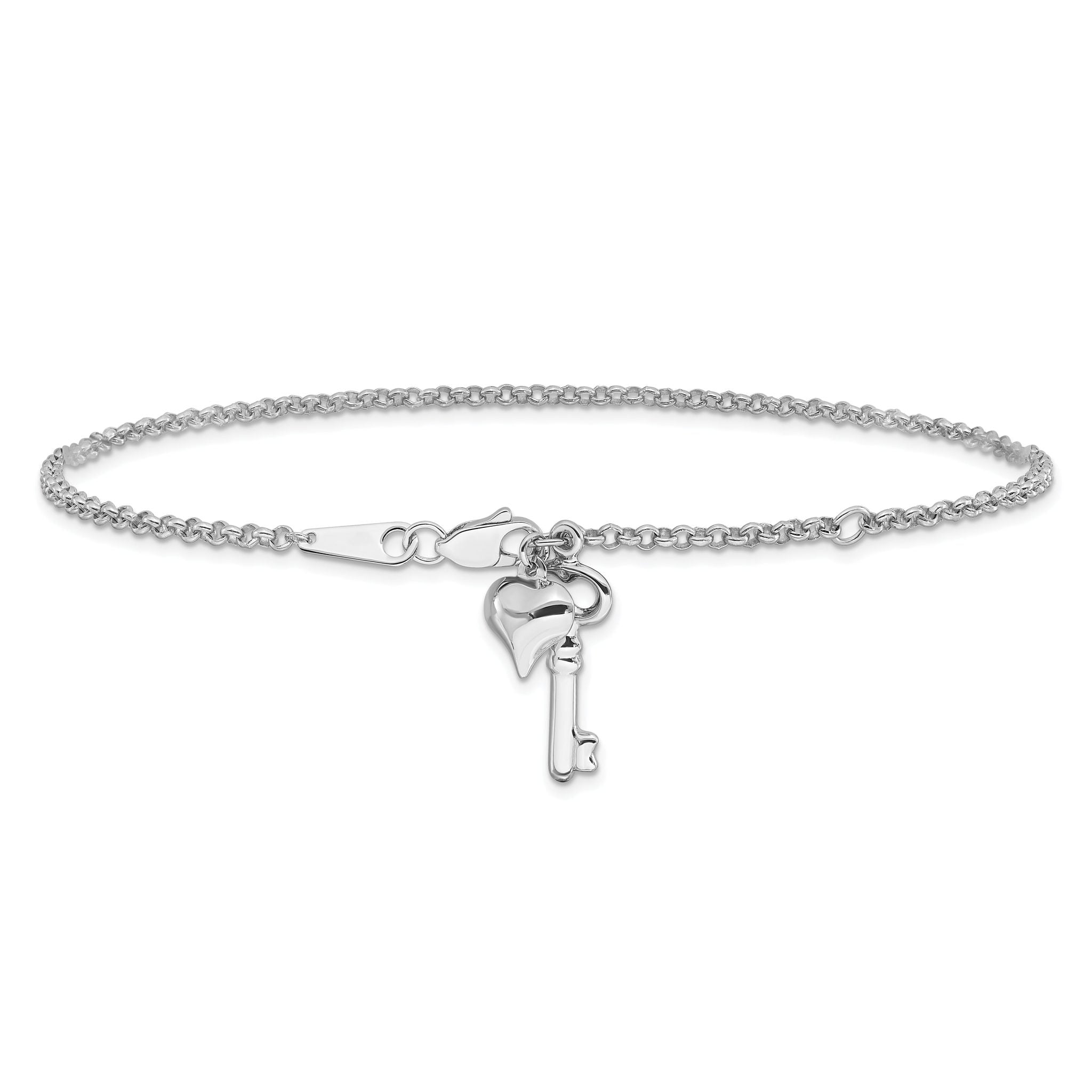 14k White Gold Cable Chain with Puffed Heart and Key Dangle 9 inch Plus 1 inch Extender - Total 10 i