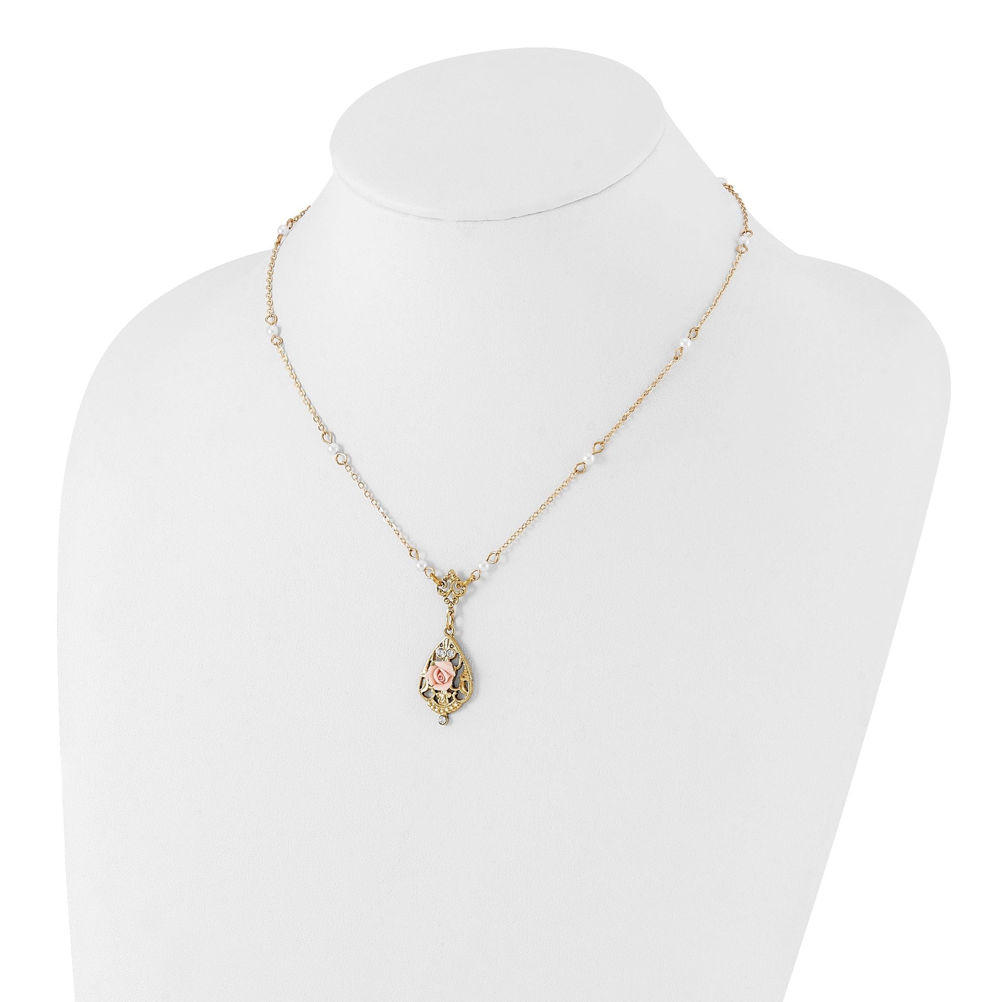 1928 Jewelry Gold-tone Imitation Pearl Pink Porcelain Rose and Clear Crystal Filigree Teardrop 17 inch Necklace