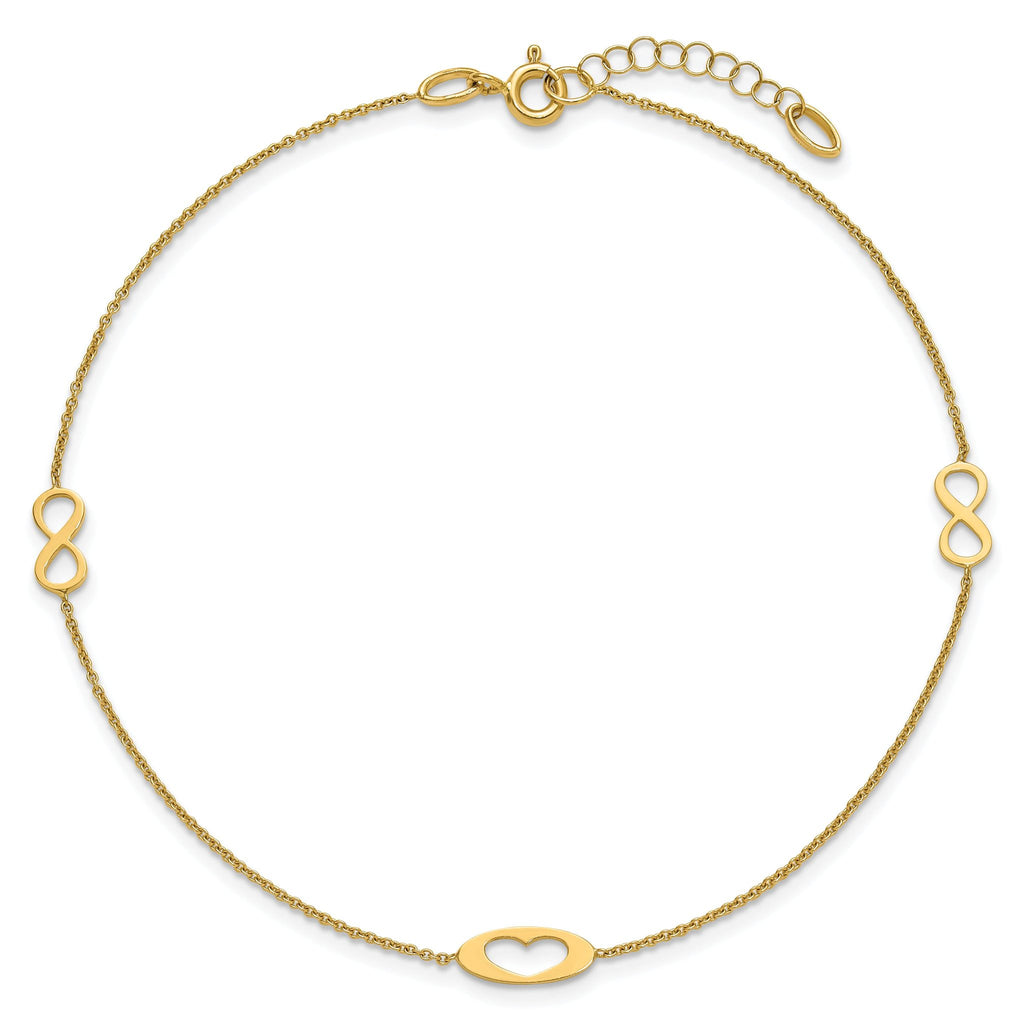 14k Polished Infinity and Heart 9 inch Anklet with 1 inch Extender - Total 10 inch Anklet
