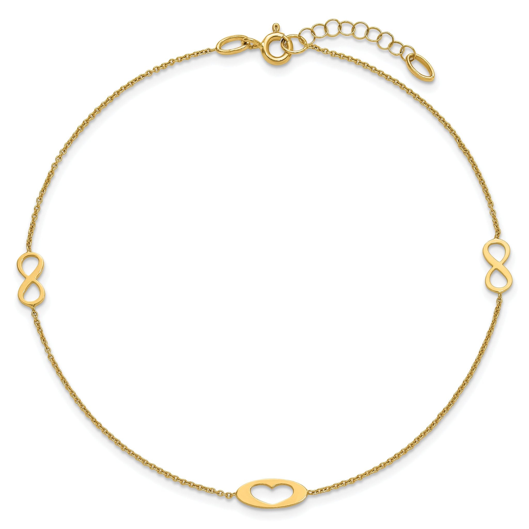 14k Polished Infinity and Heart 9 inch Anklet with 1 inch Extender - Total 10 inch Anklet