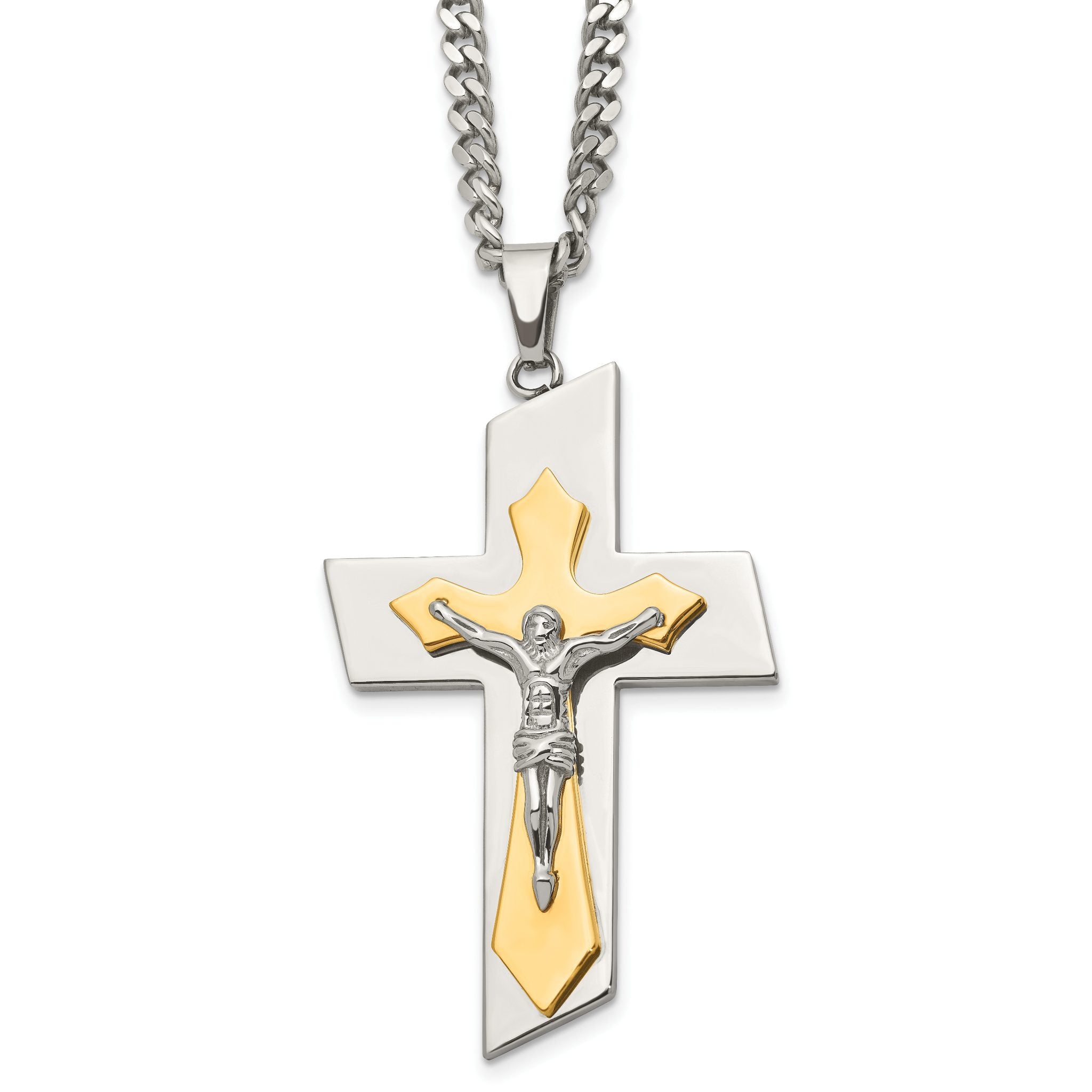 Chisel Stainless Steel Brushed and Polished Yellow IP-plated Crucifix on a 24 inch Curb Chain Necklace Main image