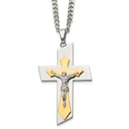 Chisel Stainless Steel Brushed and Polished Yellow IP-plated Crucifix on a 24 inch Curb Chain Necklace