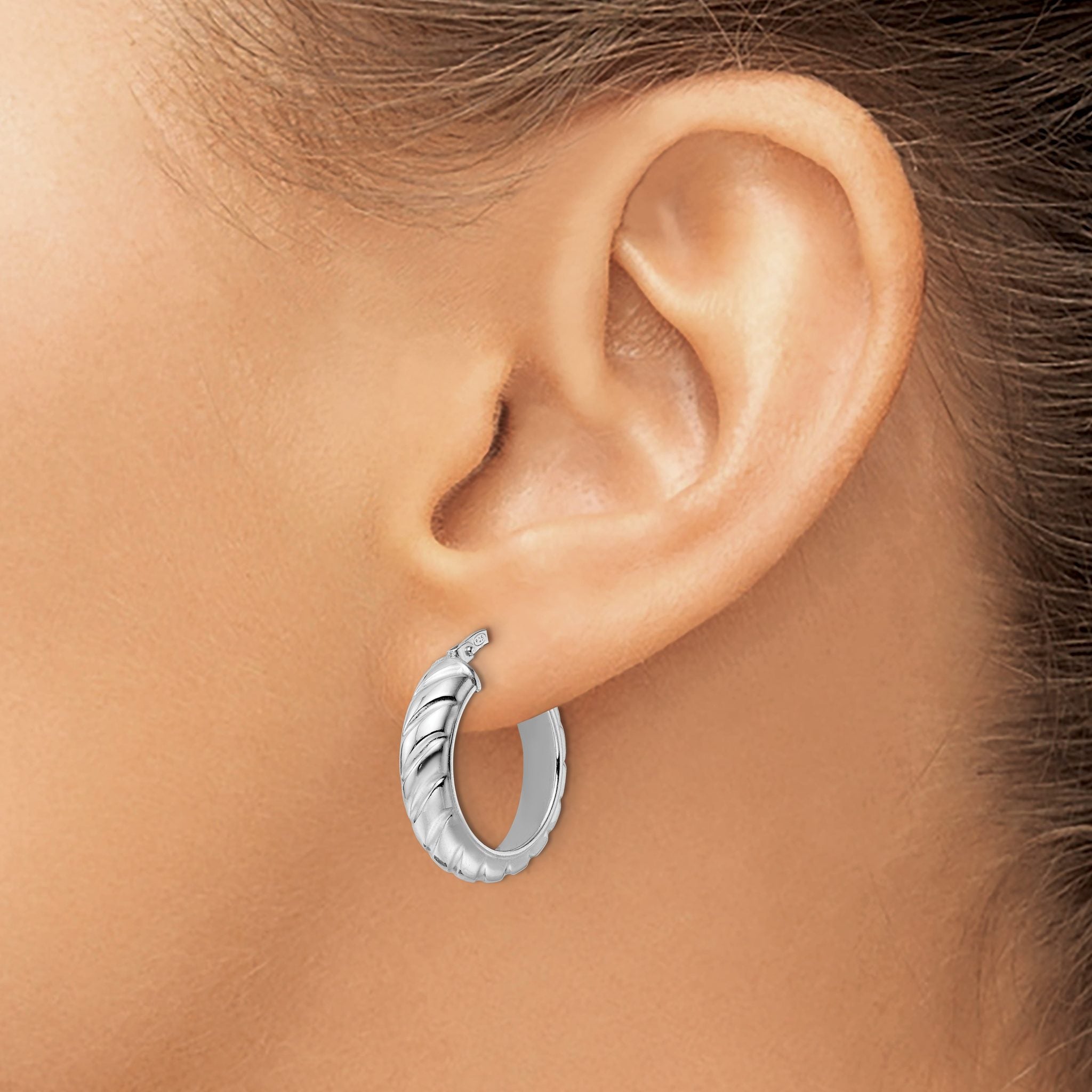 Sterling Silver Rhod-plated Polished Textured Hoop Earrings