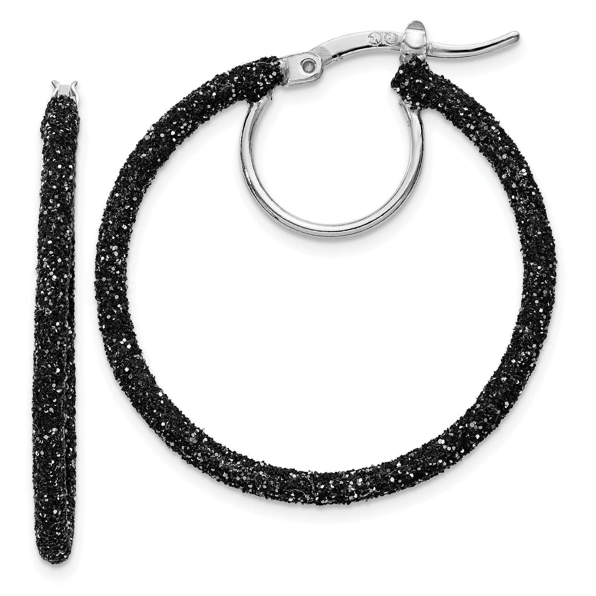 Sterling Silver Rhodium/Black Glitter Enamel 2x30mm Hoop Earrings Main image