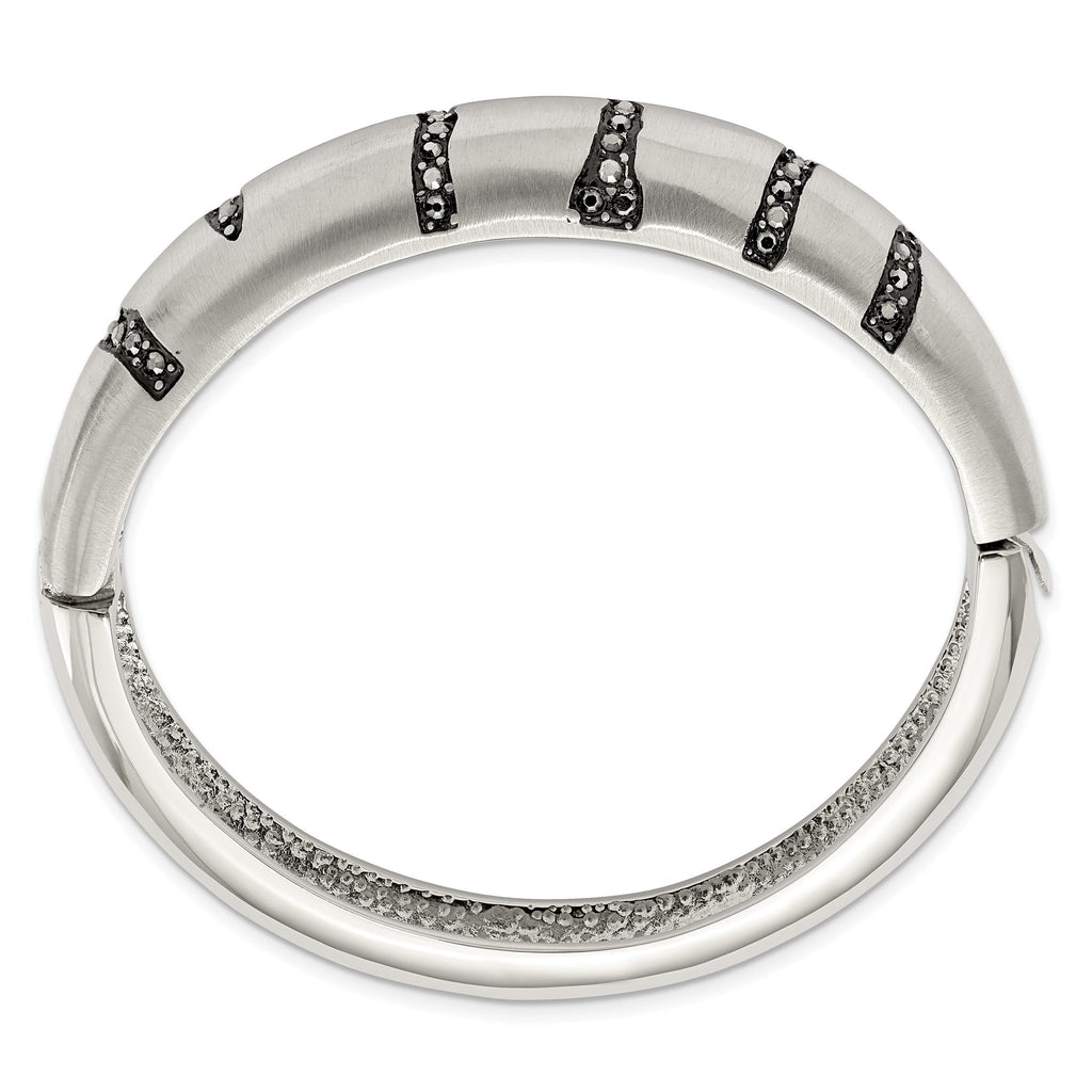 Stainless Steel Brushed Black Crystal Hinged Bangle Bracelet for Women