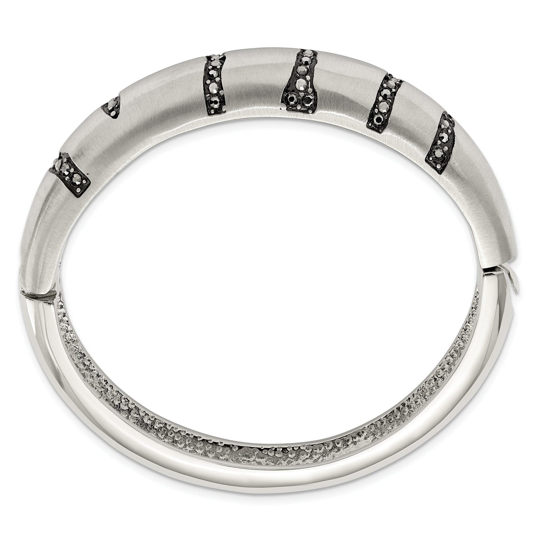 Stainless Steel Brushed Black Crystal Hinged Bangle Bracelet for Women