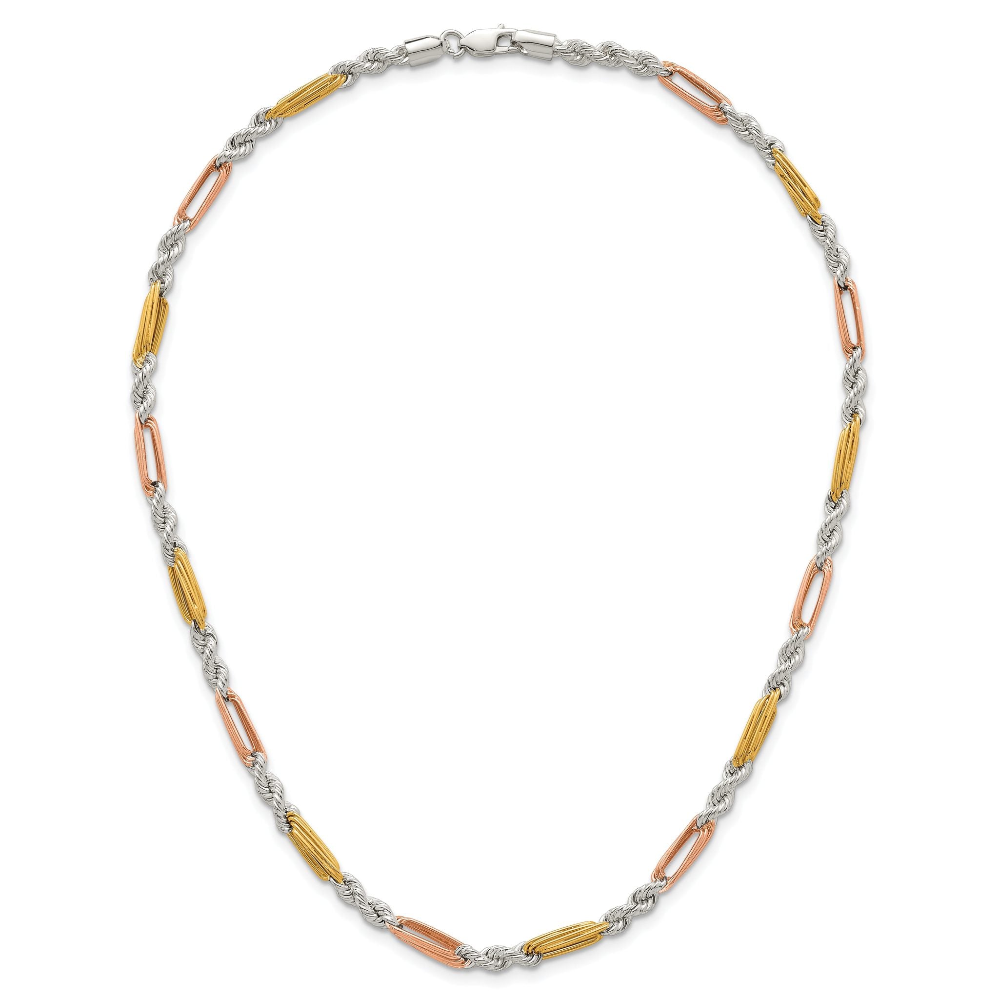 Sterling Silver Rose-tone and Gold-tone Polished 4.5mm Figaro Rope 18 Inch Necklace
