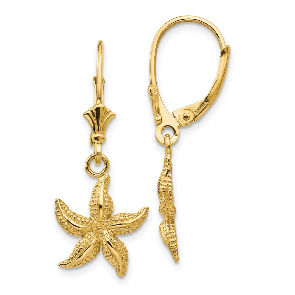 14K Gold Starfish Leverback Earrings with Polished Finish Elegant Dangle Style