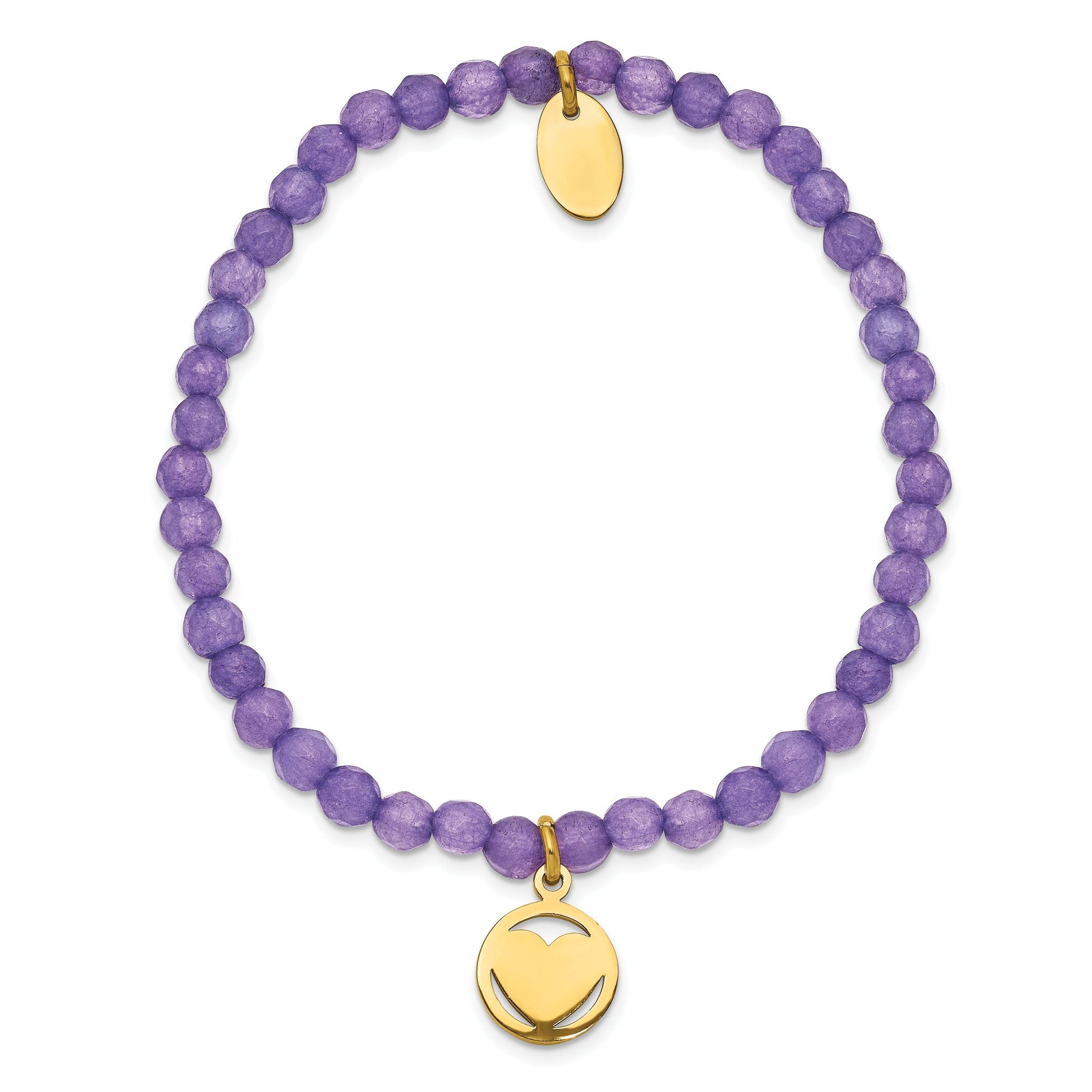 Stainless Steel Polished Yellow IP-plated Heart 4mm Light Purple Jade Beaded Stretch Bracelet for Women Secondary image