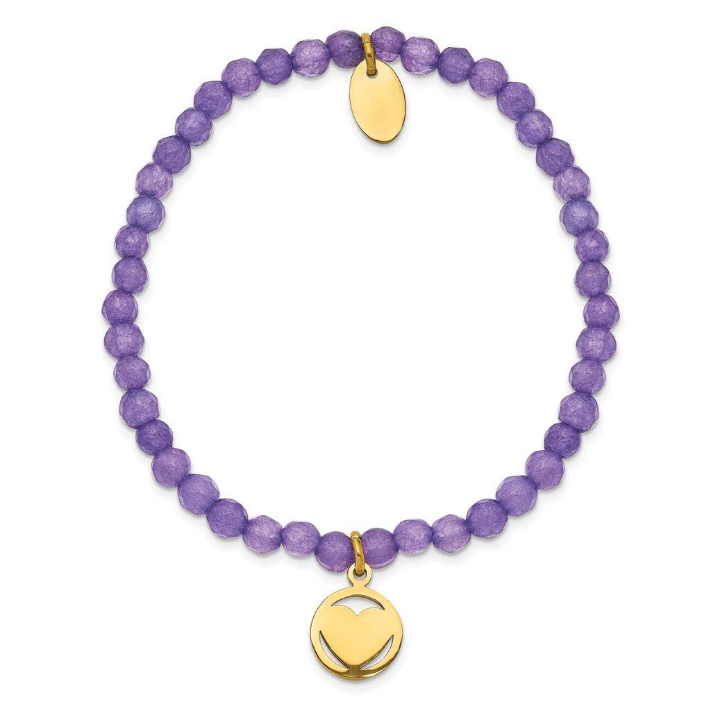 Stainless Steel Polished Yellow IP-plated Heart 4mm Light Purple Jade Beaded Stretch Bracelet for Women