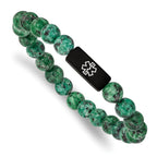 Stainless Steel Brushed Black IP-plated with White Enamel Medical ID 8.5mm Dyed Green Stone Beaded Stretch Bracelet
