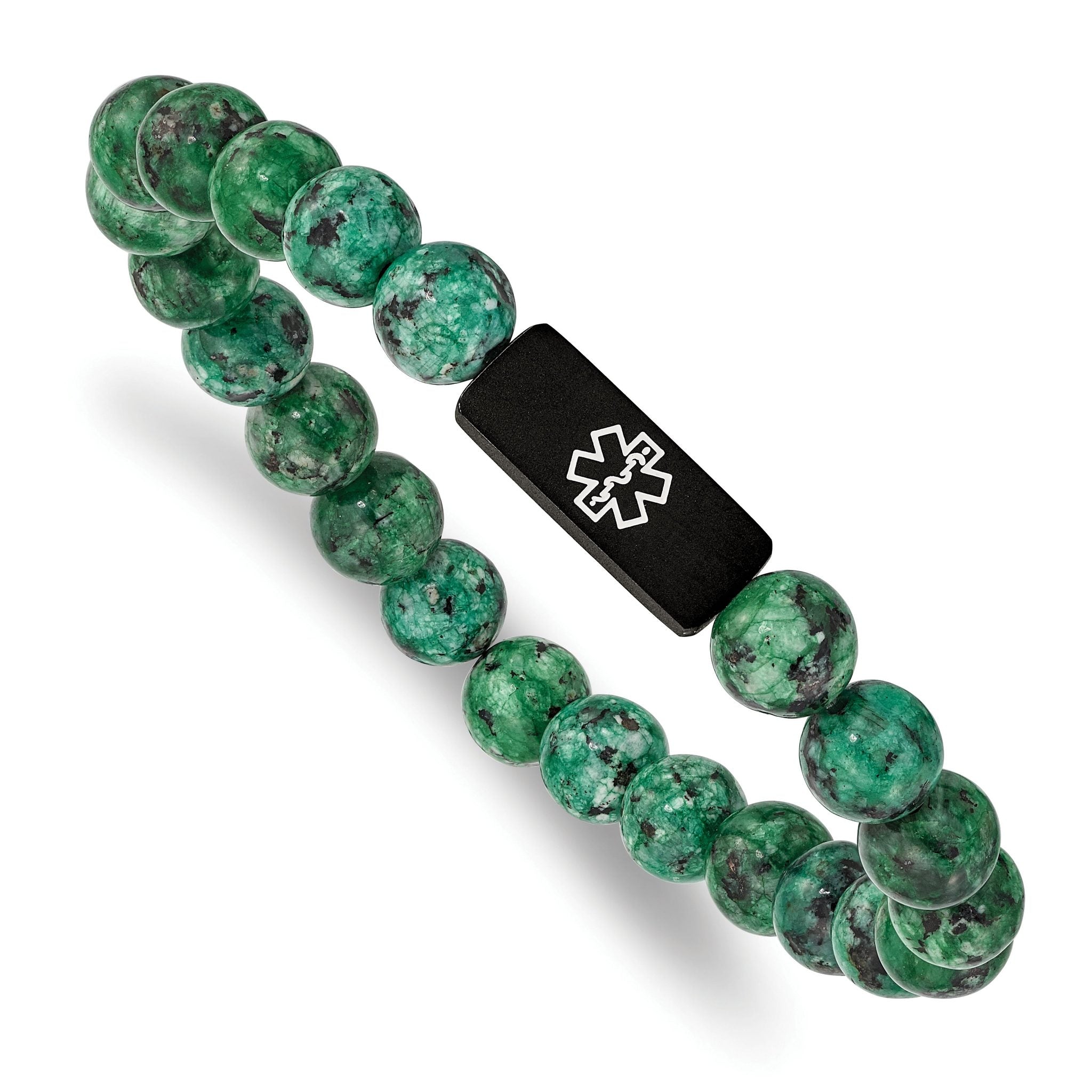 Stainless Steel Brushed Black IP-plated with White Enamel Medical ID 8.5mm Dyed Green Stone Beaded Stretch Bracelet