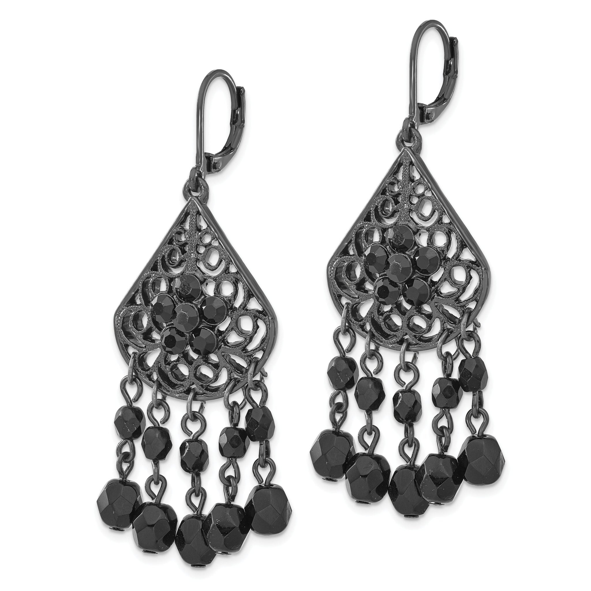 1928 Jewelry Black-plated Filigree Pear Shaped and Faceted Jet Black Epoxy Stones Dangle Leverback Earrings Secondary image