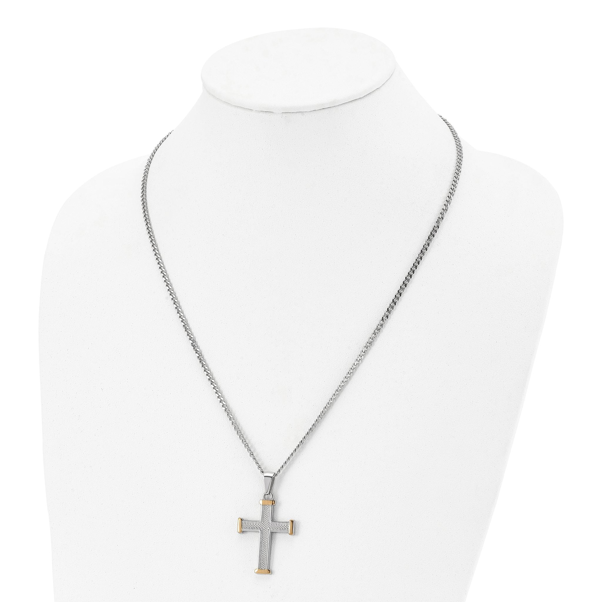 Chisel Stainless Steel Polished and Textured Yellow IP-plated Cross Pendant on a 22 inch Curb Chain Necklace Secondary image