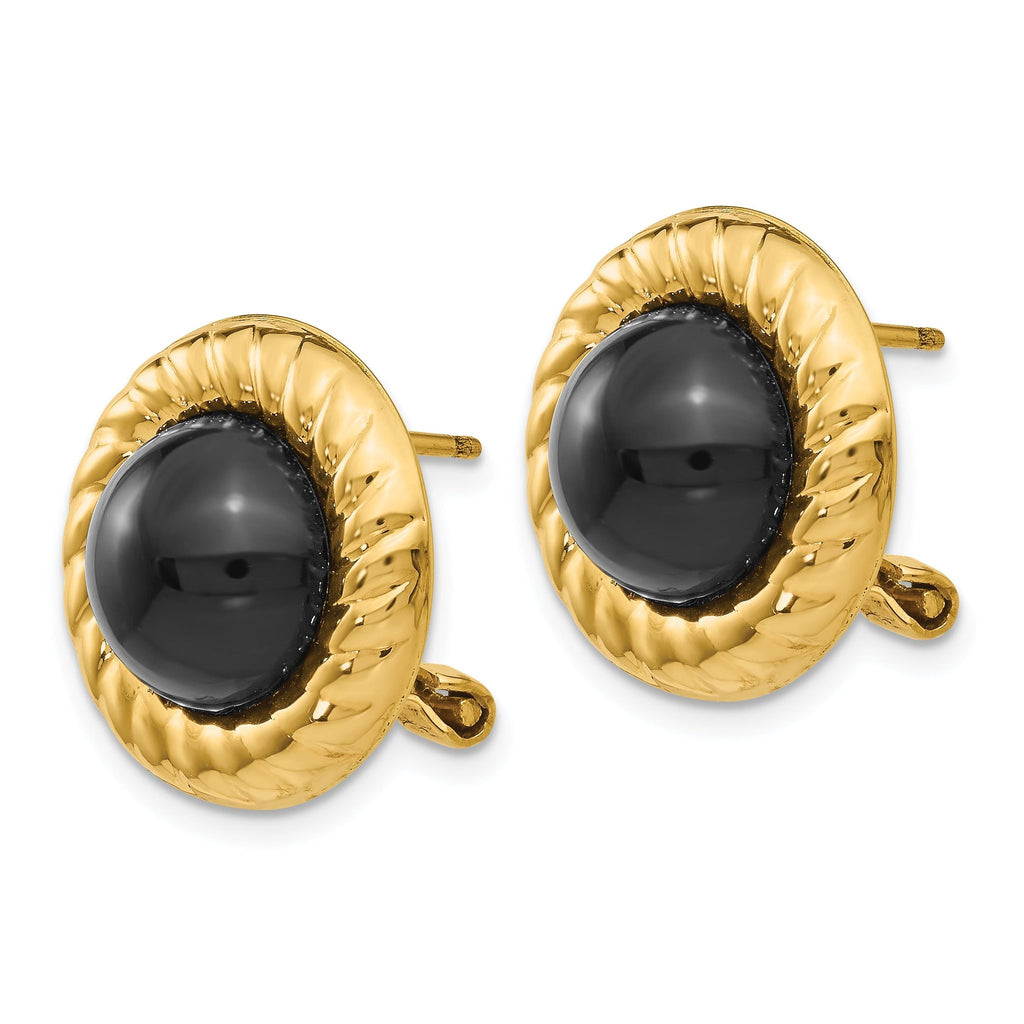 14K Gold Onyx Button Earrings with Polished Finish and Omega Clip