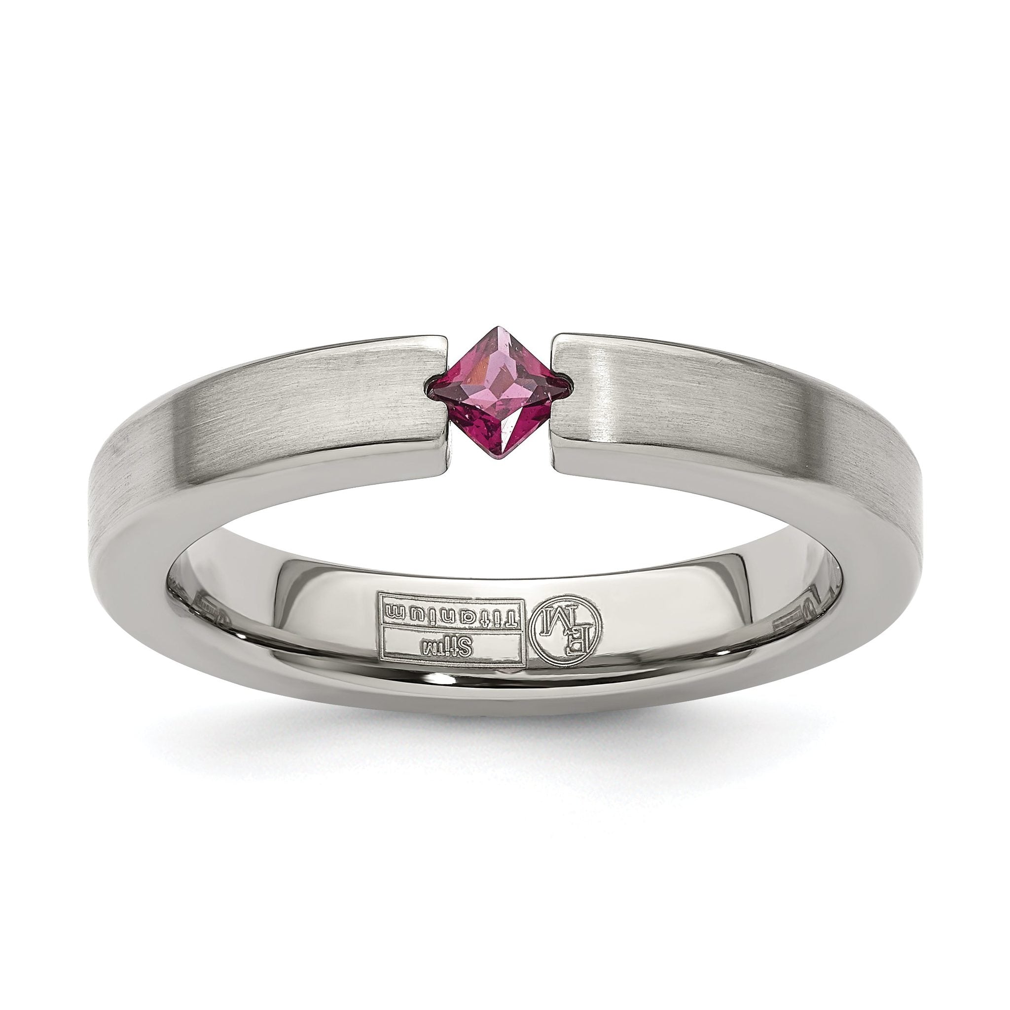 Edward Mirell Titanium Tension-set Square Rhodolite Garnet Brushed 4mm Band Main image