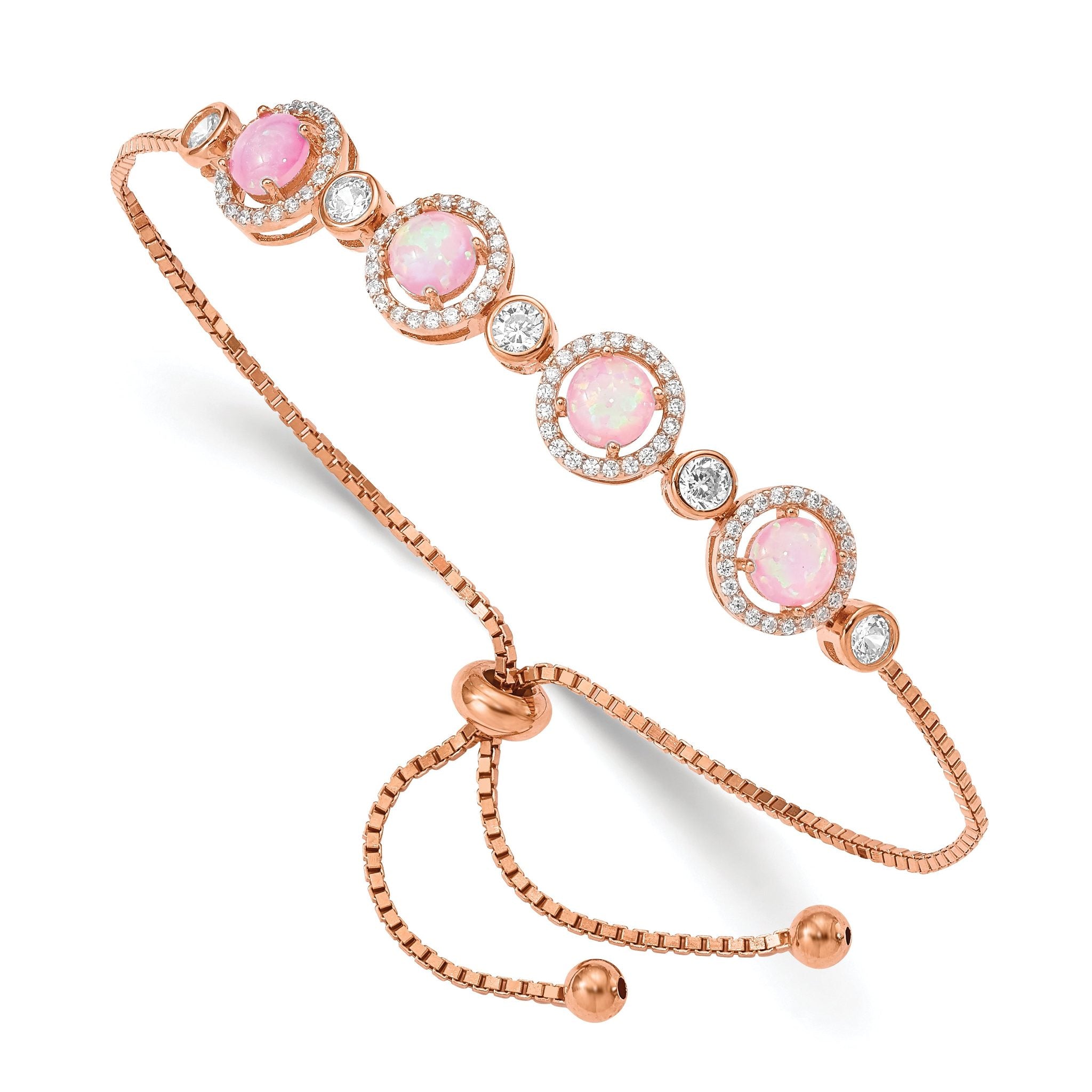 Sterling Silver Rose-tone Created Opal and CZ Adjustable Bracelet Main image