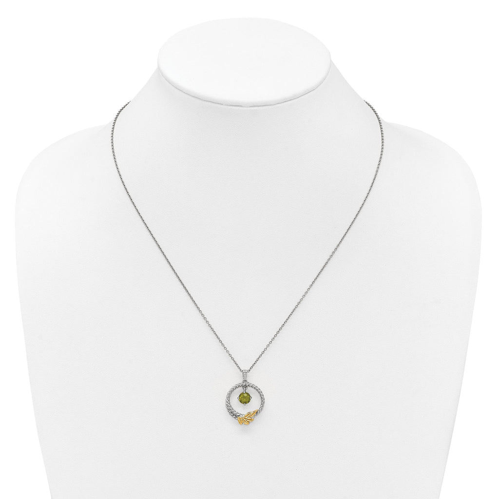Shey Couture Sterling Silver Rhodium-plated Twisted Circle with 14k Leaf Accent Round Peridot Dangle 18 inch with 2 inch Extension Necklace