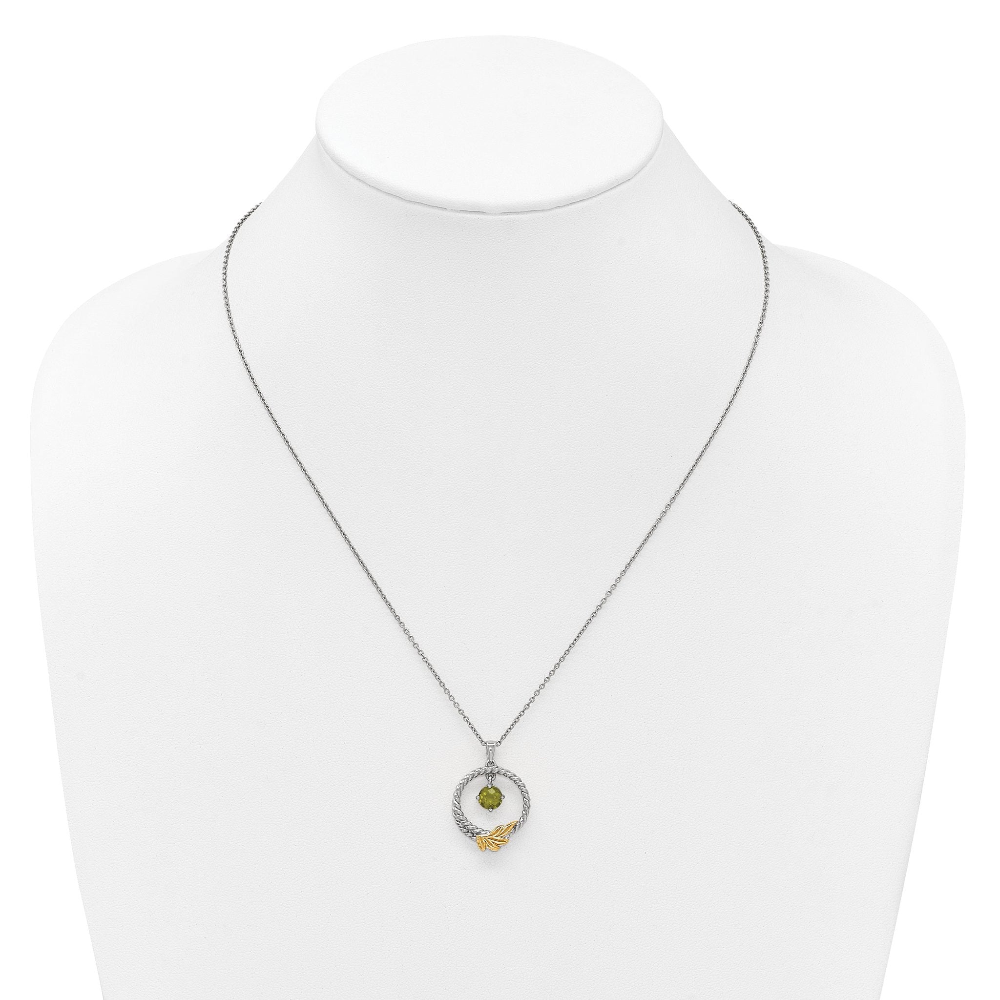 Shey Couture Sterling Silver Rhodium-plated Twisted Circle with 14k Leaf Accent Round Peridot Dangle 18 inch with 2 inch Extension Necklace