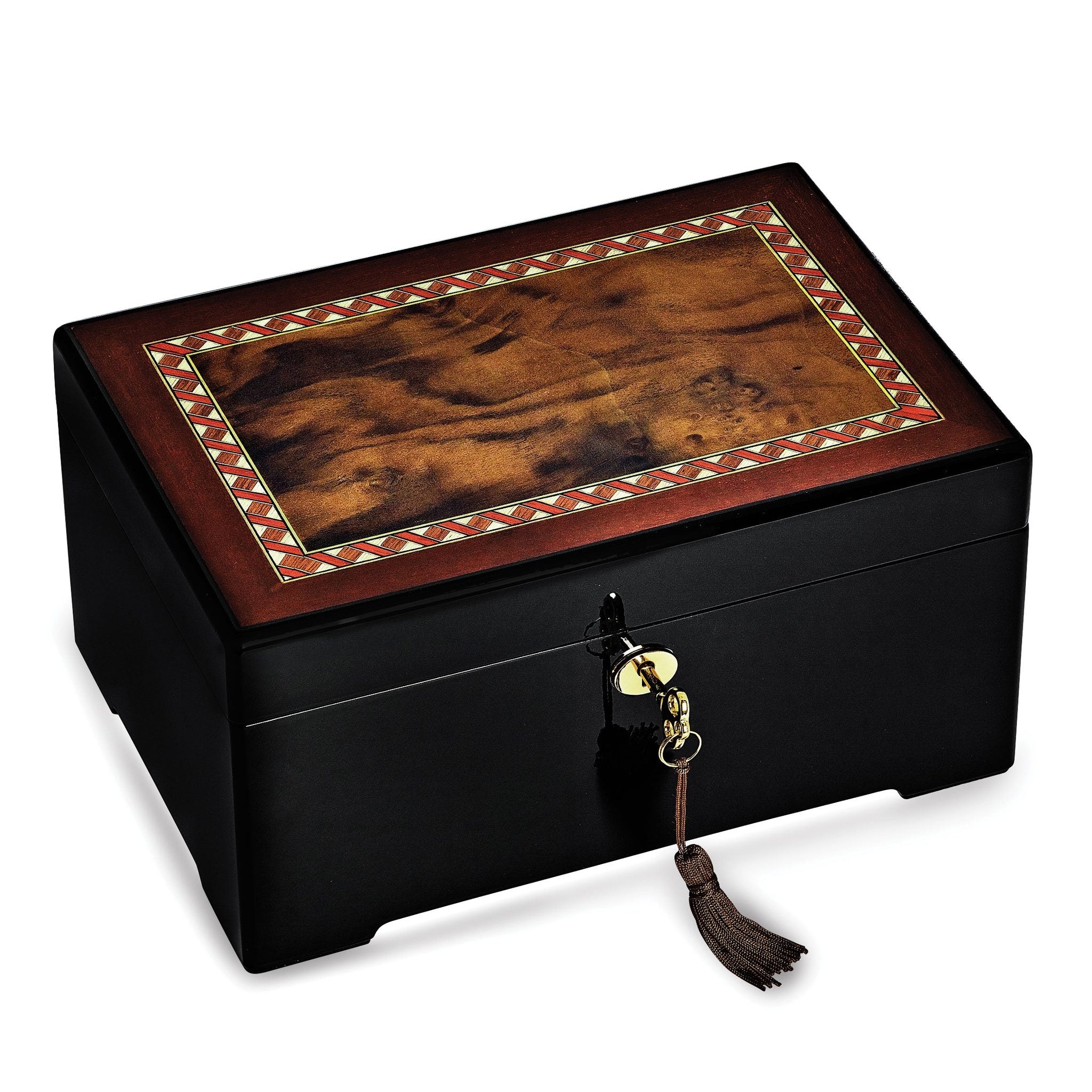 Luxury Giftware High Gloss Black Enamel w/Dark Burl Veneer and Italian Scrolled Borders Locking Wooden Jewelry Box Secondary image
